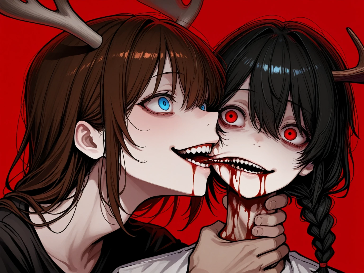 Horror realistic style，Female zombies，No highlighting, Empty and godless pupils，The mouth shows fangs，drooling copiously，Blood and scars on the face，pale skin tone，Bite your fingers，Clothes are tattered，Thunderstorm days，dimly lit，Dark Night Street。