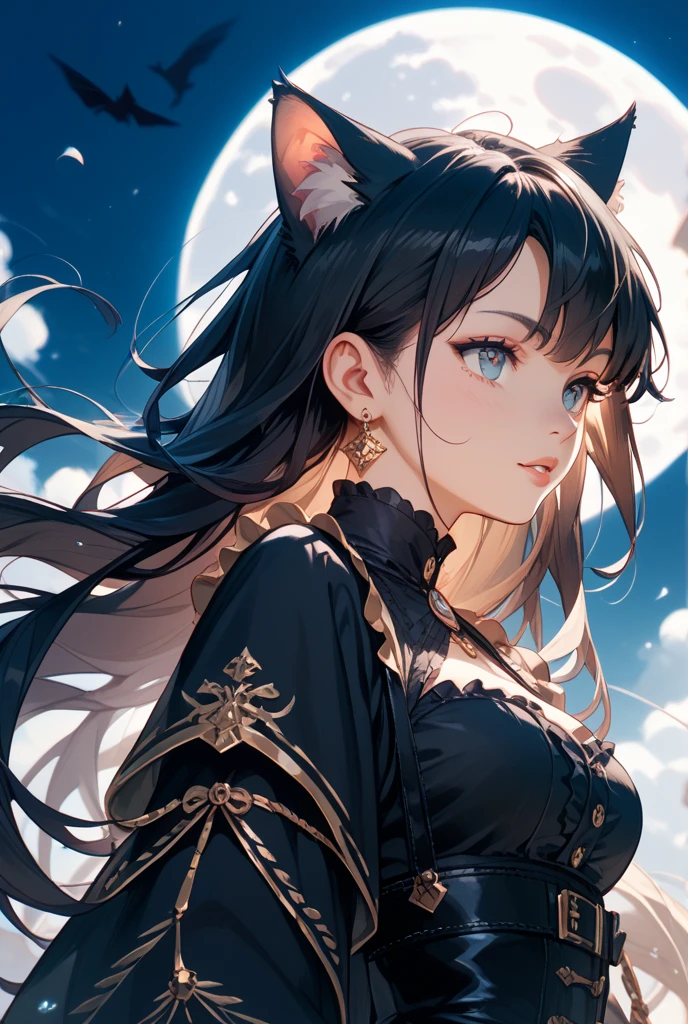 Beautiful girl with witch-like cat ears, beautiful blue eyes, long black hair, mysterious smile, ((the woman's face is beautifully detailed)), moonlight, black dress, black in a rural town at night in Japanese style Cart, black leather shoes)), ((highest quality)), ((high resolution 16k)), ((background is realistic and beautiful)), --Auto