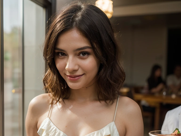 1girls, Nur, green Hair , 24 years old , Short Crop, beautiful wearing stylish fancy bustier (Holding a cup of coffee in a modern cafe at sunset), Very detailed, 24 years old, Innocent face, short hair, hair at shoulder length, slightly above the shoulder, hair ends will be green, especially green, high resolution , main section, best quality, intricate details, highly detailed, Clear Focus, detailed skin, realistic skin texture, texture, detailed eyes, professional, 4k, charming smile, shot on Canon, 85 millimeters, shallow depth of field, Kodak Vision Color, perfectly fitting body, highly detailed, photography_\ ( Ultra\), photorealistic, Realistic, Post-processing, maximum details, roughness, real life, Ultra realistic, photorealism, photography, 8k UHD, photography