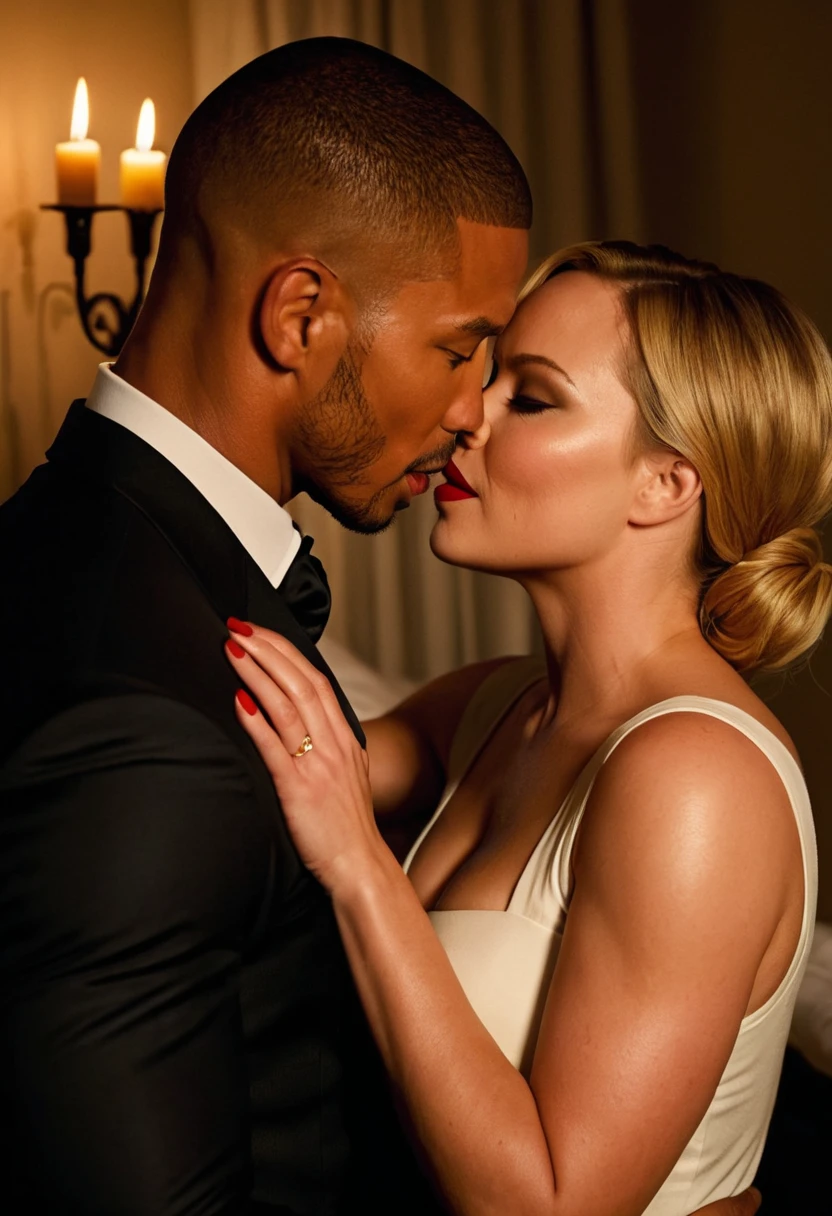 Kayden Kross and a handsome African American male whose facial features are a combo of Omari Hardwick + Idris Elba + Trevante Rhodes share a steamy kiss inside a bedroom lit only by candlelight. Kayden has lovely makeup on her face. Nighttime. Romantic ambiance. Symmetrical eyes. Symmetrical faces. Lovely details. Photorealistic. Full-colored photo. Professional photo. Highly detailed 8K.