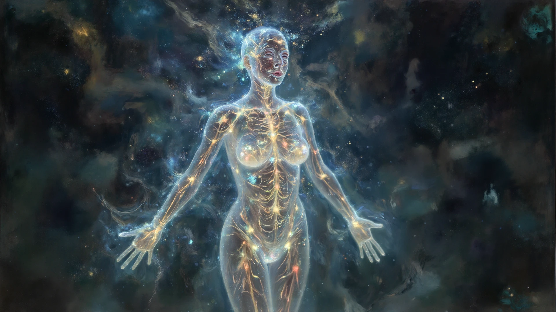 "Create a composition that highlights the power of the mind over the body. Represent the mind as an ethereal figure and the body as a healthy form. Use dynamic lines that connect them to show the communication and healing that occurs when the mind believes in the efficacy of the treatment."