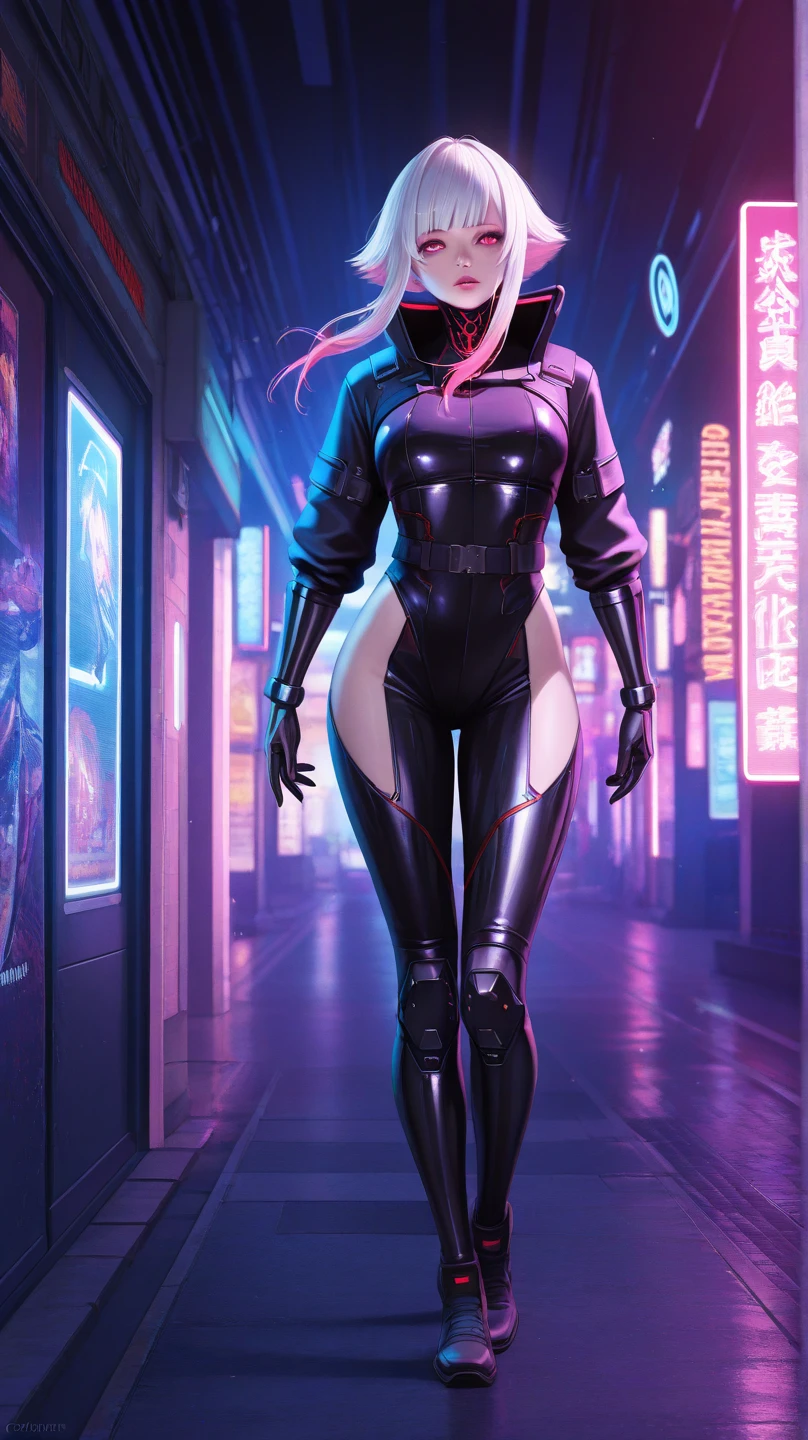 1 Girl, Tight Body-suite, reverse bunny-suite, (cyberpunk city background at night)