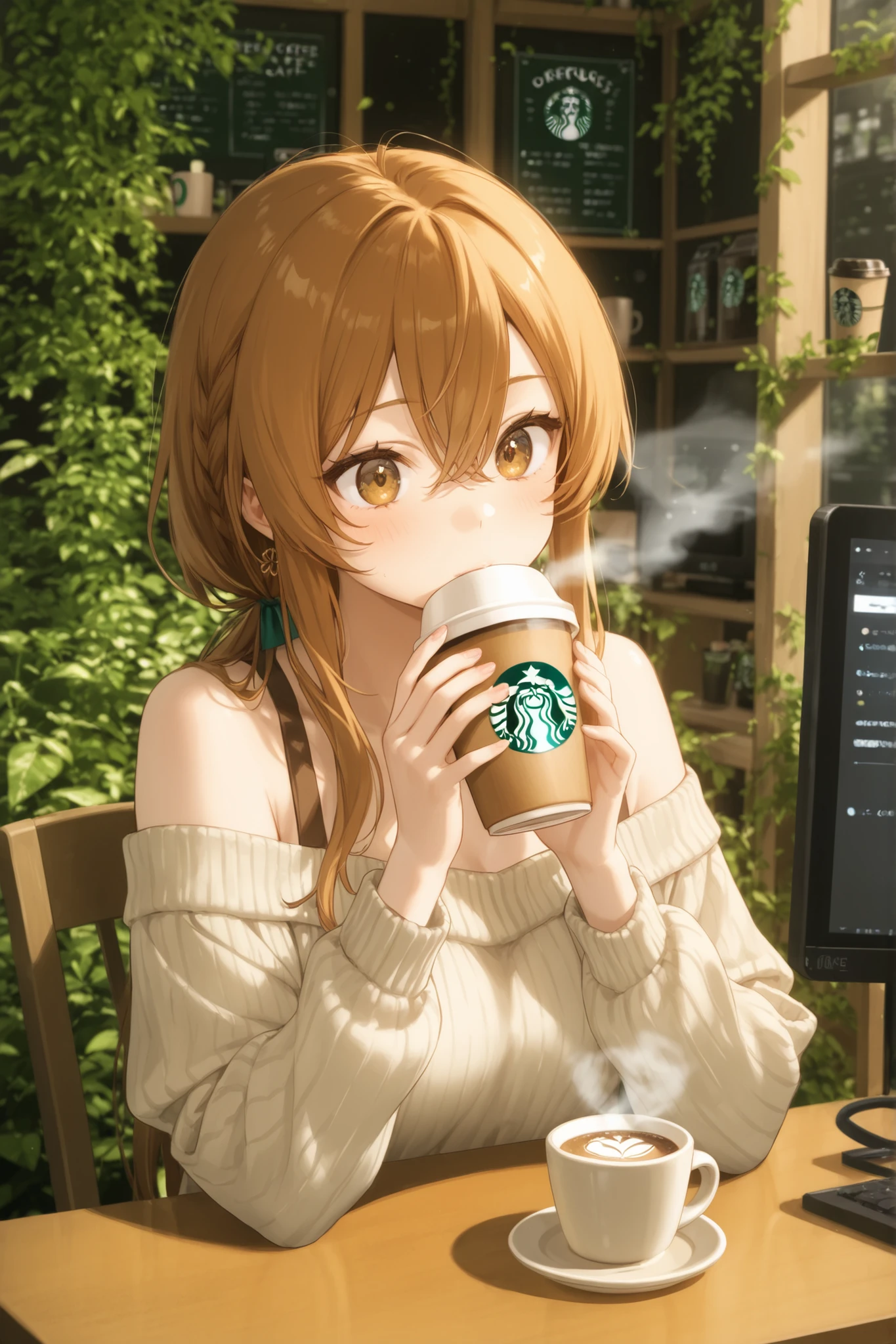 Woman drinking coffee in a calm cafe、Deep and spacious々A space with、Starbucks、I'm opening my computer、tree々A cafe overgrown and full of greenery、High Quality、4k