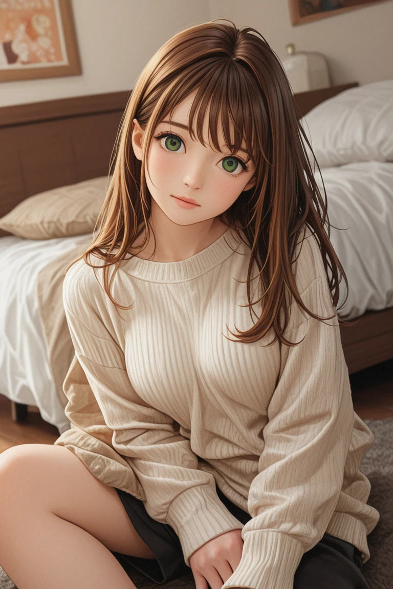photorealistic, realistic photo, ((highest quality)), ((masterpiece)), detailed, kukolnydom, doll, (woman, 22yo, 22 years old:1.6), solo, (sitting on sofa, reclining on sofa, green eyes, brown hair, short hair, wavy hair, parted lips, looking at another, skinny, slender, slim, blank eyes, empty eyes, detailed eyes, detailed face:1.3), blouse, castle, 8k