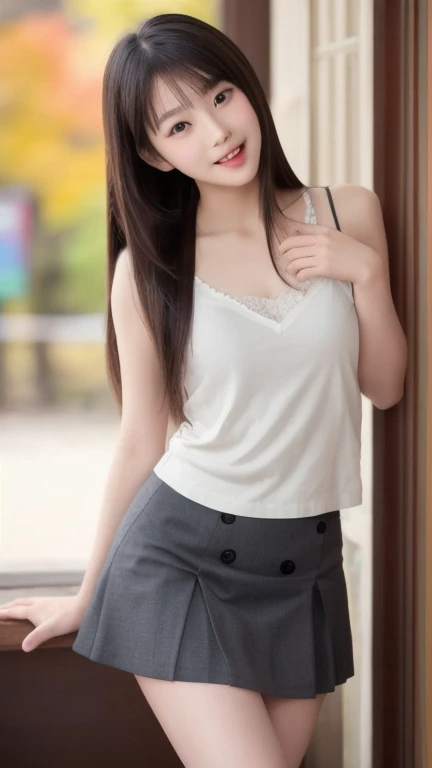 Japanese office lady、tight、Sleeveless Shirt、lunch、sitting on a low bench in the park、smile、tightミニスカート、masterpiece,best quality,ultra detailed,highres,high-resolution,4k,realistic,RAW photo,((real person)),portrait photography,photorealistic,detailed skin,(delicate black eyes ), A soothing woman with sagging eyes,Calm and calm, middle hair,skinny,clothing,The wind is blowing,tareme、Beautiful legs、Small shirt、Panty shot、((Knees are higher than hips))、(White shorts)、Bend your knees、Knee Up、(huge breasts)、(shirt that was bursting at the seams)