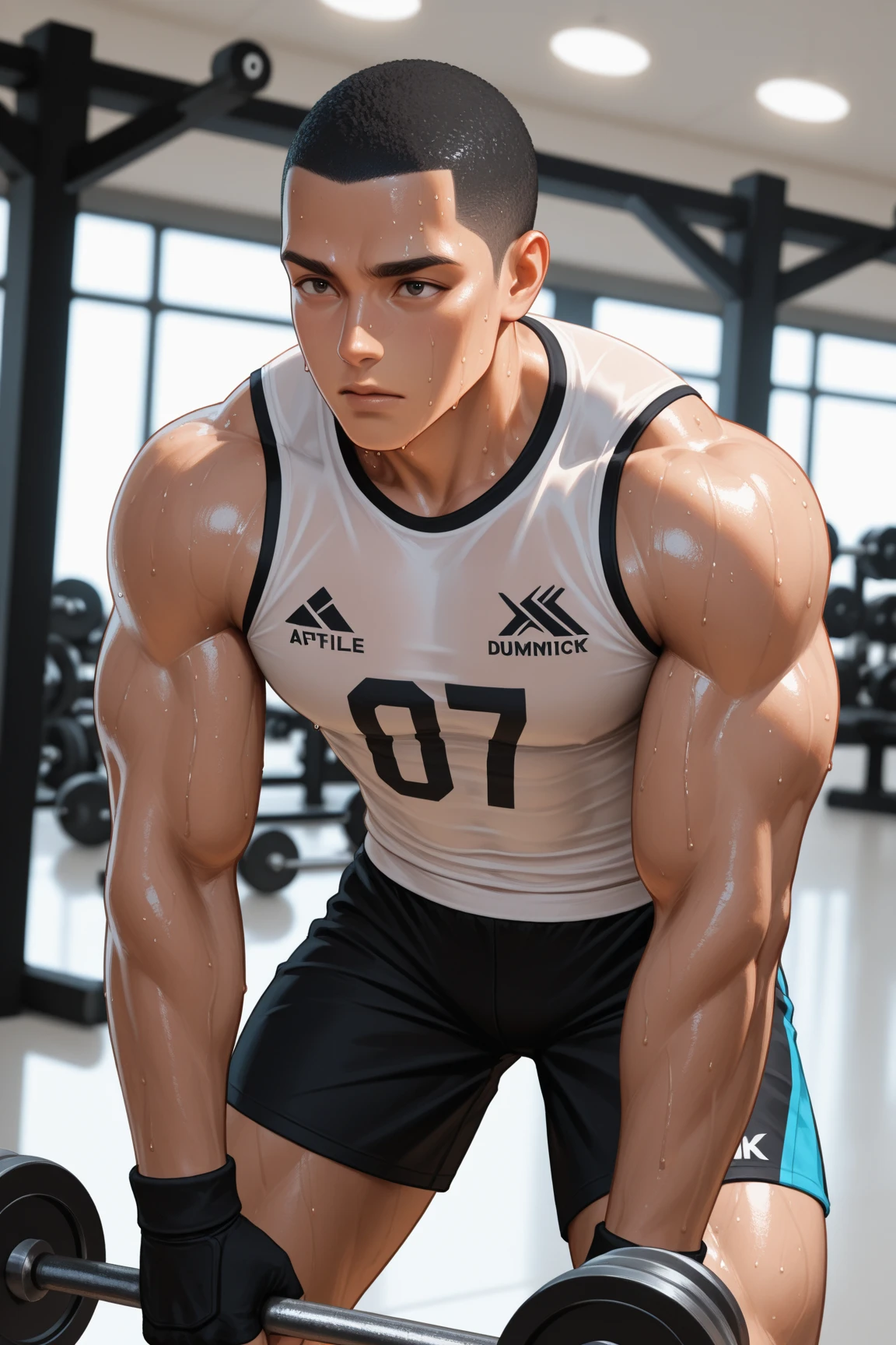 1 boy, 20-year-old boy, football player, Sleek light brown muscular structure, blue eyes, black short hair, smooth, He wore a tight navy blue Adidas sports suit.,The man looks confident and determined.,looking down