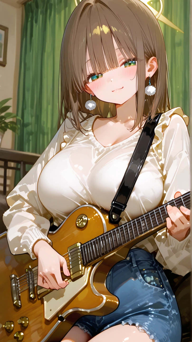 score_9_up, score_8_up, score_7_up, 1girl, solo, source_anime, hourglass figure, Big breasts, kemonomimi, bear ears, brown hair, short hair, messy_hair, blue eyes BREAK freckles, (Idol dress), heart shaped jewerly, detached sleeves, green bikini top, bikini top only, bare shoulders, strapless, gloves, navel, green skirt, green wristband, , standing, blue background, open mouth, instrument, holding instrument, electric guitar, holding guitar, playing instrument, smile, neon lights, spotlight, contrapposto, happy 