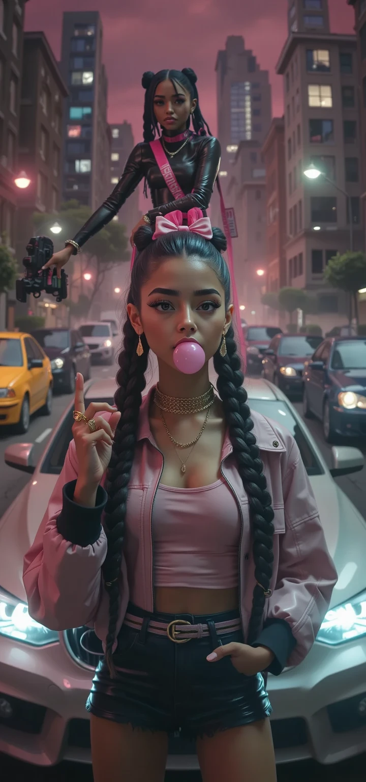 the most beautiful a magical girl with long curly hair and curly curly hair in style of russian military fatigues and black hair, artstation, concept art, smooth, sharp focus, light diffraction, illustration in the style of simon stalenhag, 8 k, hdr, matte, hdr, 8 k, ultrawide render, highly detailed, Trending. blowing bubble gum, pink bubble gum, blow gum <lora:Bubble Gum:1>