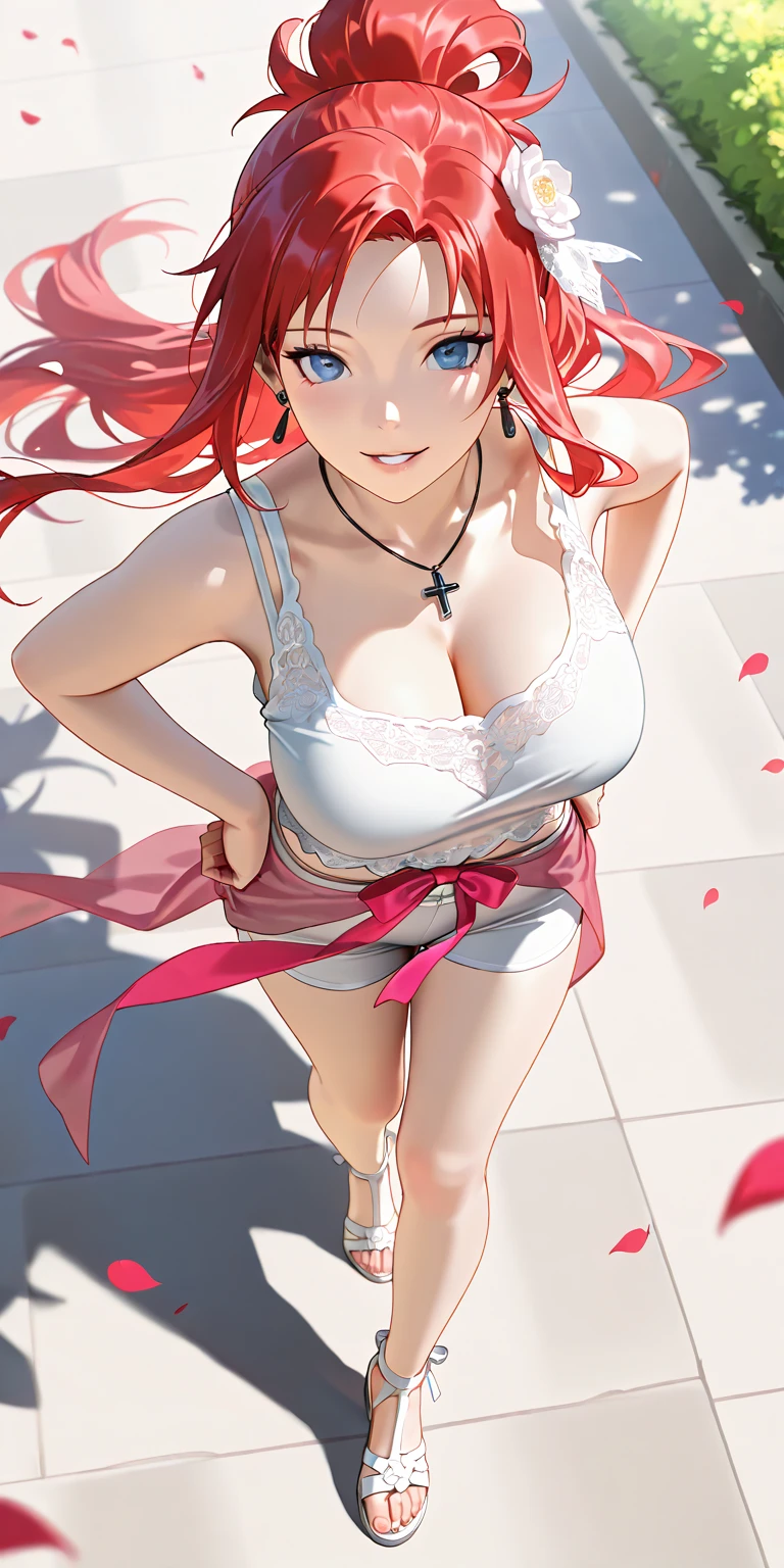 1Yae miko, large breasts,clothes in mouth, cleavage, navel, t-shirt, ((bra)),clothes lift, shirt in mouth, skirt, lying, full Body,sexy body,sitting