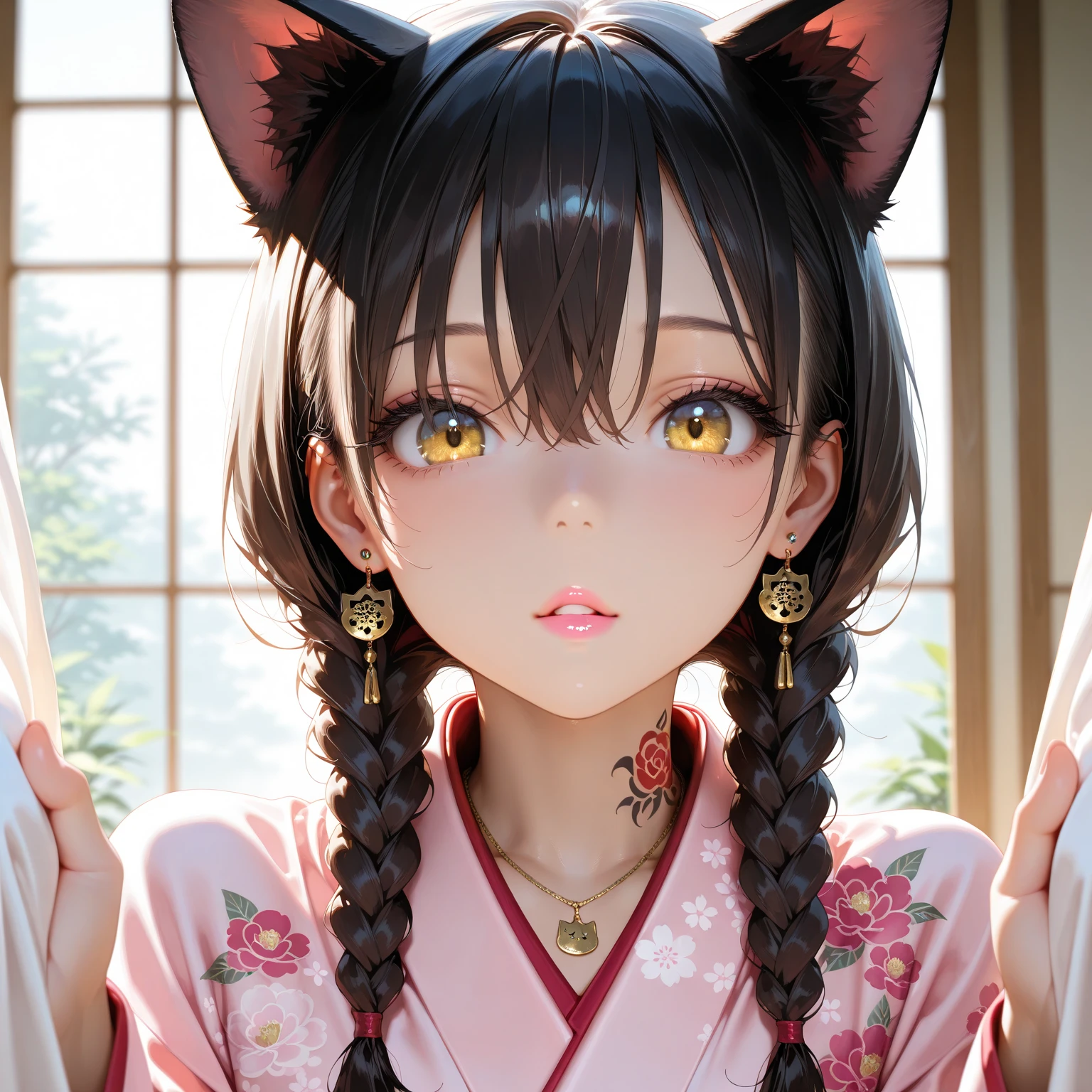 ulzzang-6500-v1.1,, (RAW photos, highest quality,high quality,high definition), (realistic, photorealistic), ultra detail, (front lighting), close-up portrait, physically based rendering, normal proportions, ((1 girl)), (high detail skin: 1.3), sloping head, detail eyes, air bang, Chinoise architecture, (((nude, nude)), brown hair, blush, doya face, straight long twin tails, cat ears, sailor suit