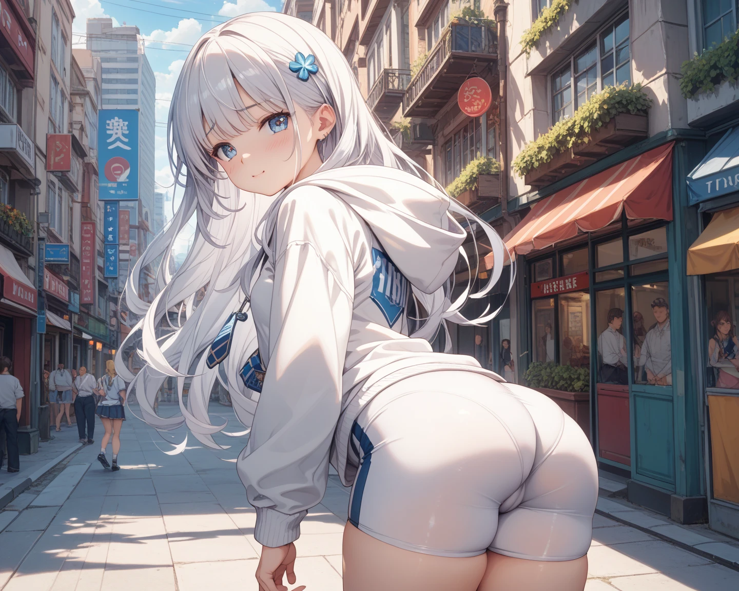 in 8K、maximum quality、Masterpiece artwork、ultra detali、ultra-high resolution、((1 person))、girl with、uniforms、Braided hair、make up、plaid skirts、strong wind、((((Turn the skirt))))、white innerwear、CityView, perfect sensual body with large breasts, slim belly with slightly defined abdomen, thick-thighs, nice ass