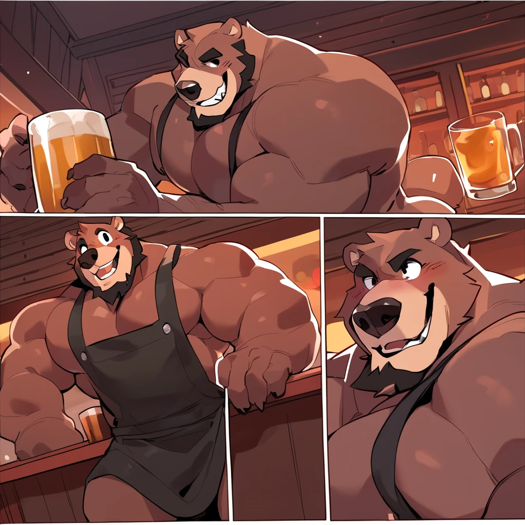 baby face, Musclegut, big chest, cute bear boy, brown fur, Make eye contact, blush, embarrassing, sweating, erection, Glans, ejaculate, roar, bar, wide angle