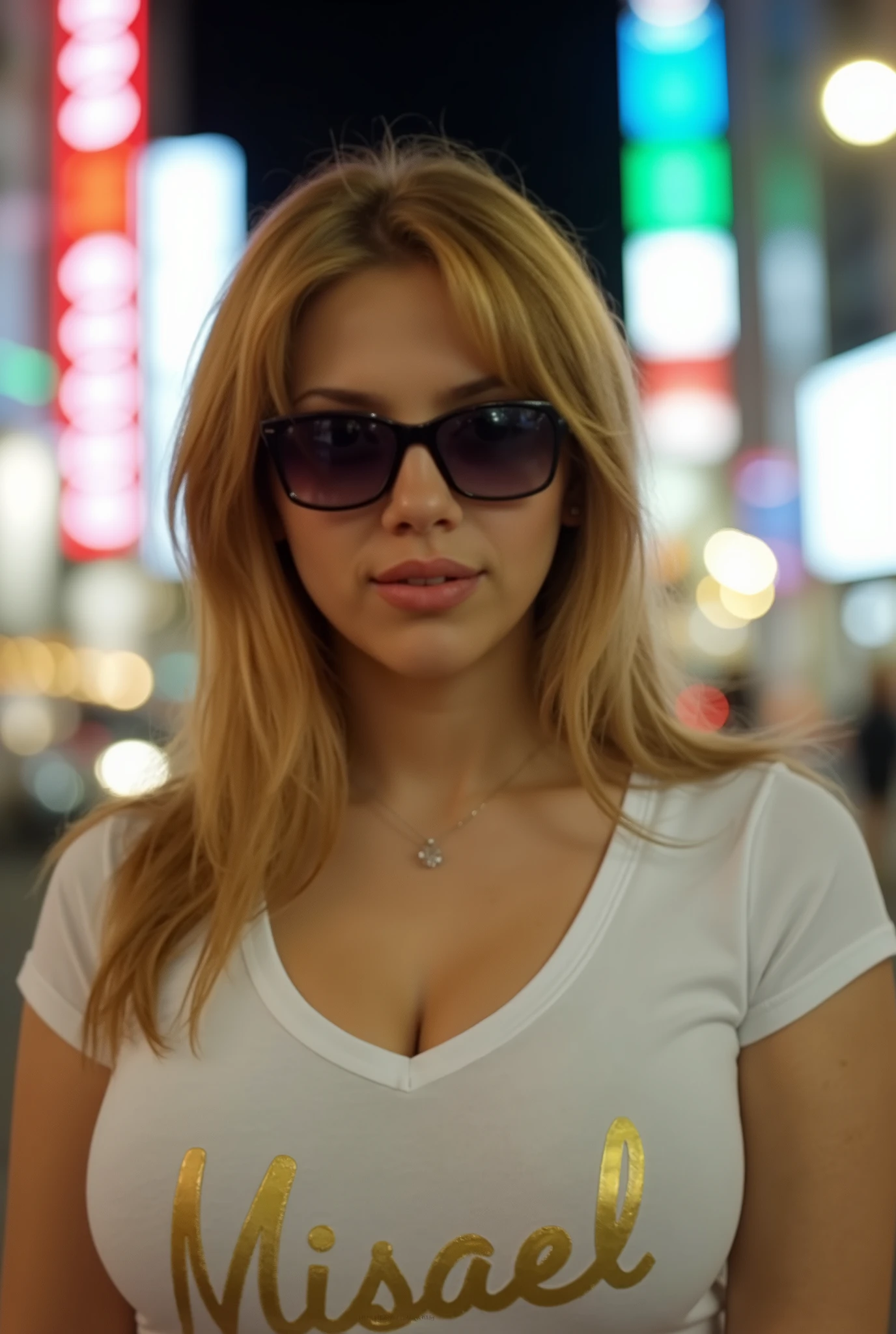 Scarlett Johansson, The model wears glass sunglasses and a white V-neck t-shirt that says Misael in gold cursive. Background with car lights colored líneas, in Tokio, ciudad iluminada, luces en velocidad alta, fotografícas, scarlett johansson