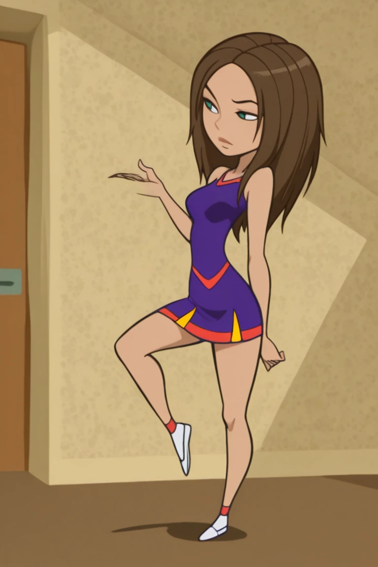 bonnie, 1girl, brown hair, solo, cheerleader, long hair, green eyes, midriff, smile, navel, bare shoulders, sleeveless, light smile,indoors, looking at viewer, ((skirt lift, pussy, exposed pussy, seen from below, dynamic angle)), score_9, score_8_up, score_7_up, score_6_up, score_5_up, score_4_up