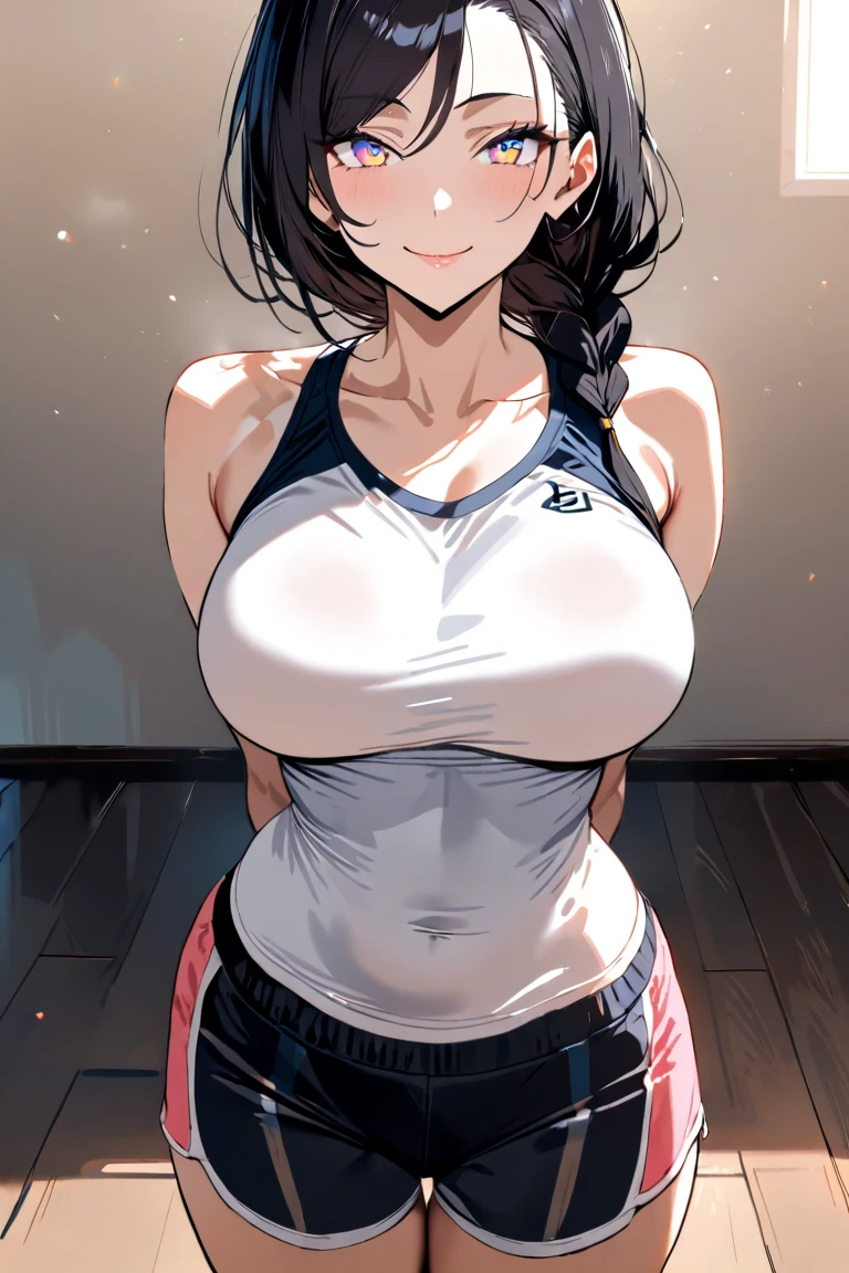 gym, workout, hot, sweating, sweaty, tan, big boobs, tan skin, flustered, blush, purple clothes, see thru, yoga pants, black hair, soaked, wet, naked boobs, cleavage, in pain, painfull, eyes closed, clenched teeth in pain, curvy, purple yogapants, purple pants, ponytail, sitting , massive boobs, curvy, sexy, massive boobs