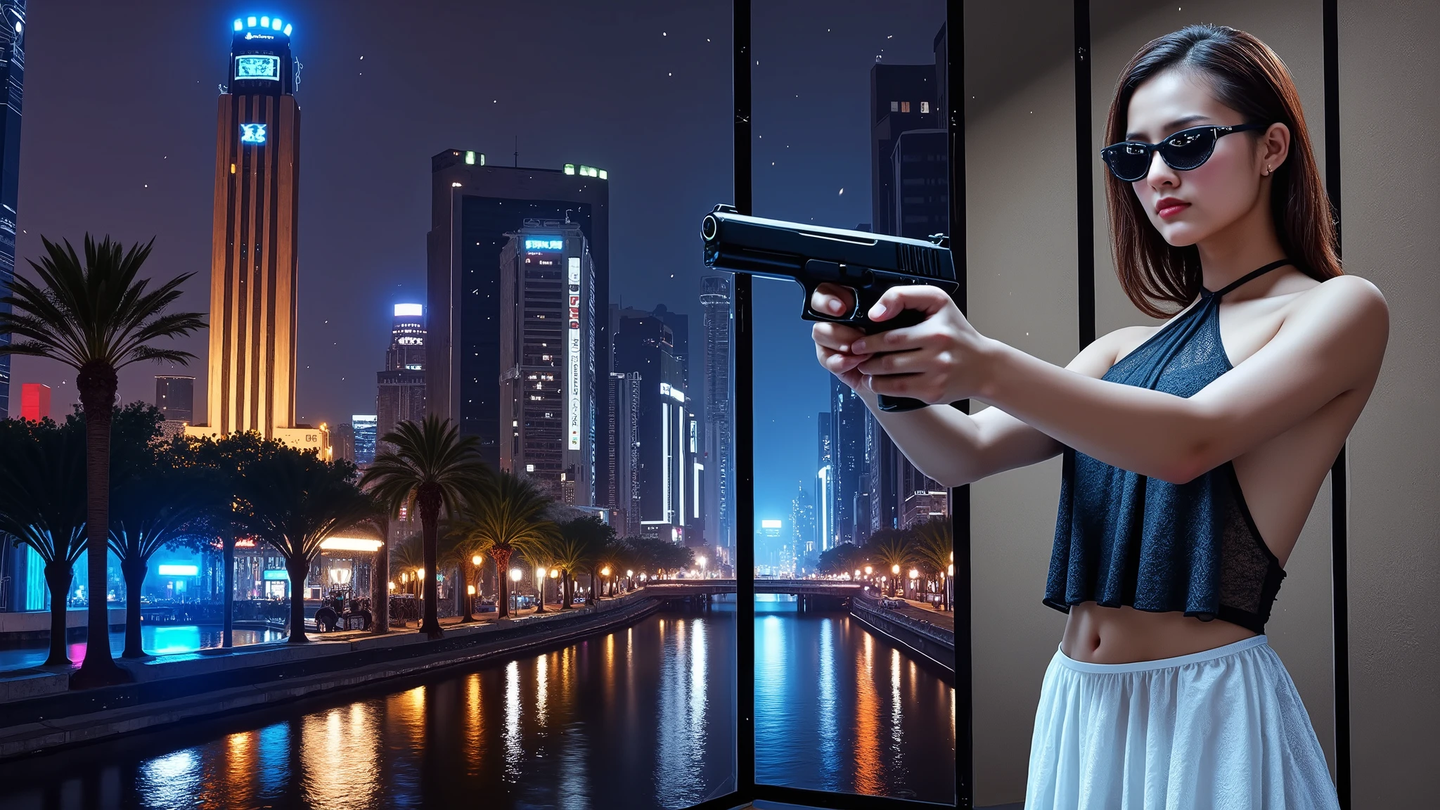 bokeh, Water drops on window glass, 1girl can be seen blurry through the window. simple outlined cyberpunk city in the background, (1girl, solo, photo realistic, wet body, large-breast:1.1 slim body:0.6, slim face:0.8, cleavage:1.1, wind blowing sexy white neckholder shift dress:1.4, upskirt, transparency, detailed lace G-string mini black panty), (black micro sunglasses), (((((aiming pistol at viewer))))), (((half-body thigh level medium shot))), cinematic lighting.