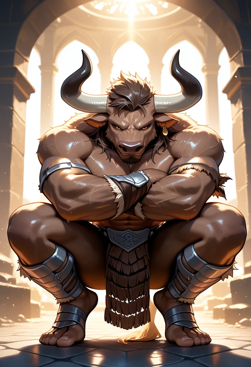 Sharp focus, masterpiece, 8k, intricate artwork, hyper detailed, high detail, best quality, perfect colors, perfect shadows, perfect lighting, posted on e621, furry body, (leaning back against the wall, arms crossed:1.3), posted on e621, furry body, solo, anthro bull, (massive strongman, beefy bodybuilder, buff, abs, veiny biceps, manly, brutal, masculine:1.3), (short full grey beard:1.6), (monotone brown fur:1.3), (curved bovine horns), middle-aged, mature, male, correct anatomy, (photorealistic fur, detailed hairs, epic, masterpiece:1.2), by Taran Fiddler, by Rukis, Bonifasko lighting, (by Blotch), detailed bull eyes, detailed bulge, ((royal castle interior, candles, night)), (gold loincloth:1.4)
