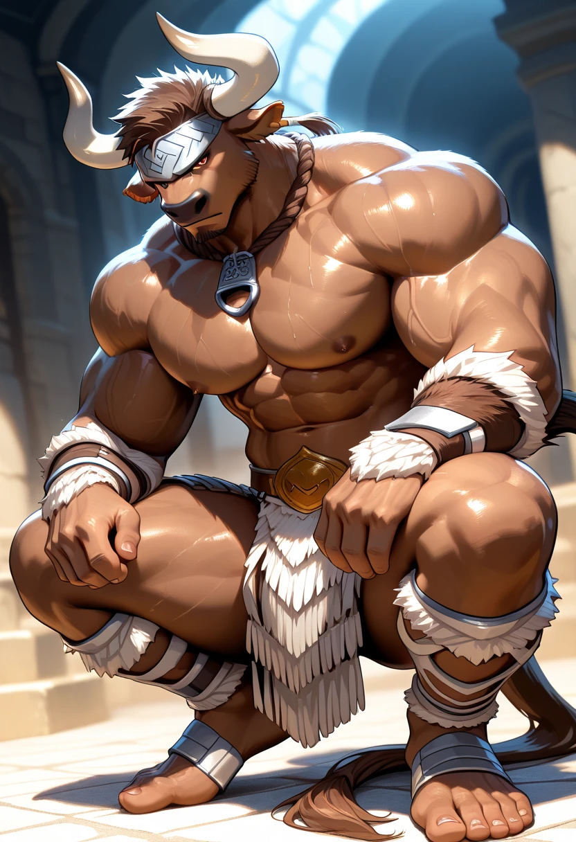 Solo Sexy anthro furry wolf male; ancient Mediterranean desert warrior; slim mesomorph handsome model apperance apperance; anthro muzzle head shape leather helmet mask with eye holes; anthro muzzle head shape leather helmet mask with eye holes, anthro muzzle head shape leather helmet mask with eye holes,; sexy toned muscules; sword scars; worn out rusty sexy skimpy armament. He has low on hips heavy leather studded heavy belt. he has very old worn out jockstrap (smelly jockstrap fetish); His jockstrap it is made of old white linen material sewn together from a few pieces, it has never been washed, it is dirty and has stains from secretions of dried semen and sweat; His armor is old heavy brown harness with armlets studded with spikes; he has old brown leather BFR Bands on Biceps and his thighs, he has old worn out fingerless leather gloves. His armor is in ruin, it is very very old and dirty, rusted, dirty, old worn out, rusty breastplate. Even though he is a handsome and sexy man, he has a sloppy appearance, has disheveled unwashed dirty fur, dirty body look. he smells, he has stains from old blood, dirst, cum, mud, smelly furr, disgusting bastard looking.he leans sexily against the wall with his legs spread, one hand behind his head, and he touches bulgy his jockstrap, licking his lips, horny for sex ; Mediterranean sunny pine forest; he has a proud, threatening and defiant expression on his face, with little dirty dangerous smile;
