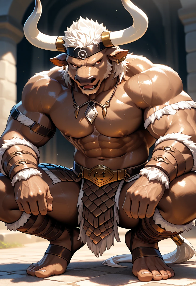 Furry, Kemono, Leon, Leomon, Digimon, solo, Bigg Ass, Male Bulge, masculine, Full body, Feet, Braided Mane, Black leather harness, Spiked Anklet, White fitted fundoshi, (white Fundoshi) , Salt Desert Background, (Anime Blue Eyes), (Perfect Eyes), High Resolution, 4K Detailed, Good Lighting, Beautiful, Photorealistic, Realistic, (japanese Fundoshi), (white thong), tail, Lion tail, black claw nails, Big Scar on left shoulder