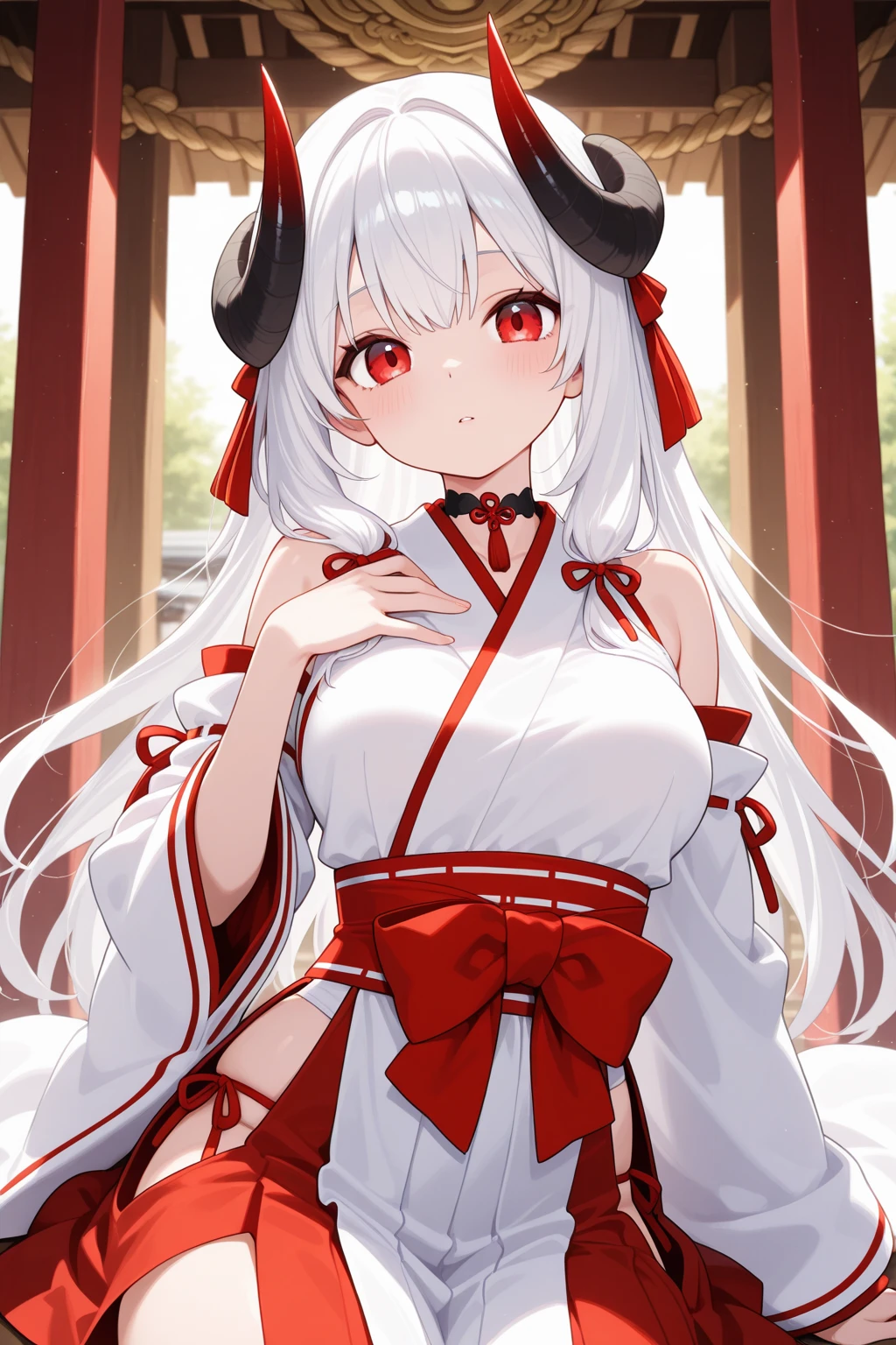 one girl, fox ears, shrine maiden, white hair, beautiful, gently, naive, smile cutely, red eyes, sacred, medium breasts, blush, fascinating, seduce me, naughty, 10 years old, girl on top