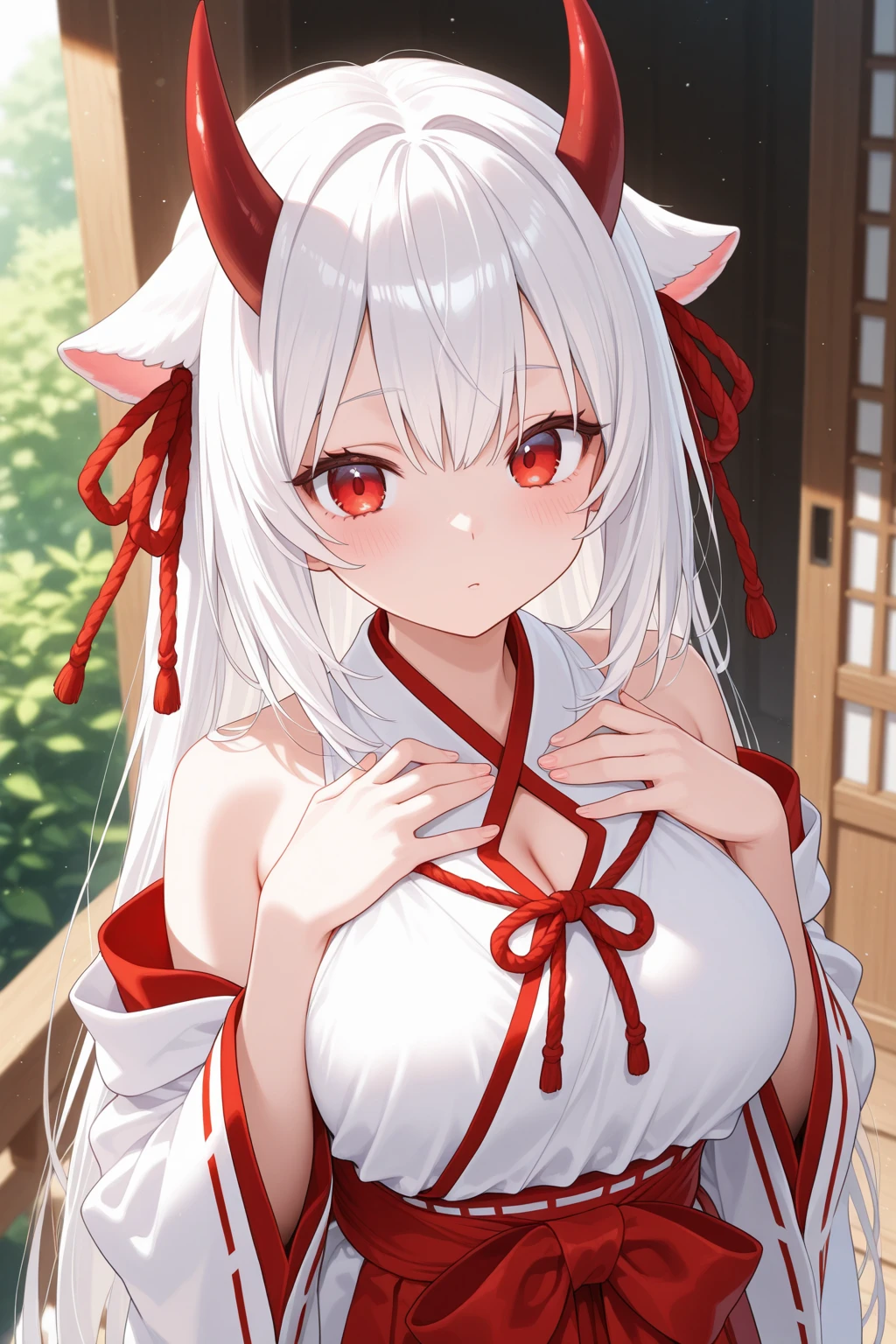 one girl, fox ears, shrine maiden, white hair, beautiful, gently, naive, smile cutely, red eyes, sacred, medium breasts, blush, fascinating, seduce me, undressing, naughty