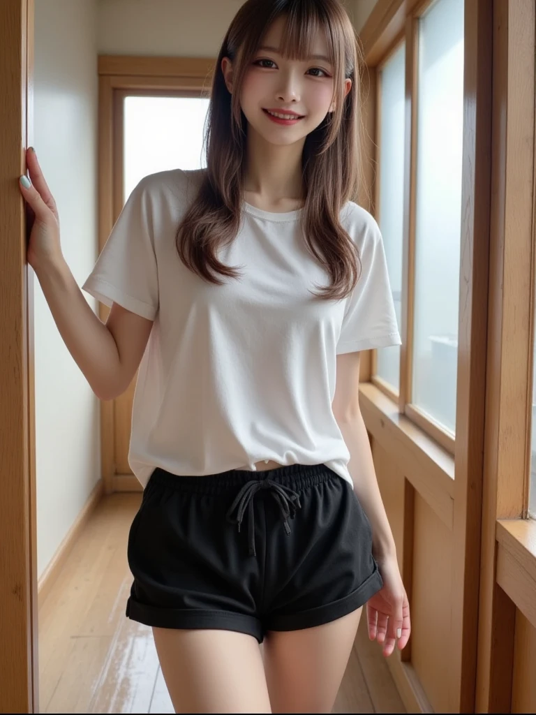 Mix 4, The 20th, 一人in, shirt, expensive_Heel,full_body, look_in_Viewer, (8K, Raw photo, highest quality, masterpiece:1.2), (Realistic, photoRealistic:1.37), professional lighting, photon mapping, Radio City,Physically based rendering、body操服(White T-shirt with lines on the cuffs)and put on bloomers、wearing red bloomers、High leg bloomers、Simple bloomerischievous Smile、Young Japanese Woman、Super big 、Nipple erection、expensive socks、sneakers、Sexy pose、Spread your legs、bodyにフィットしたブルマ、full body portrait、Bloomers that fit into your crotch、