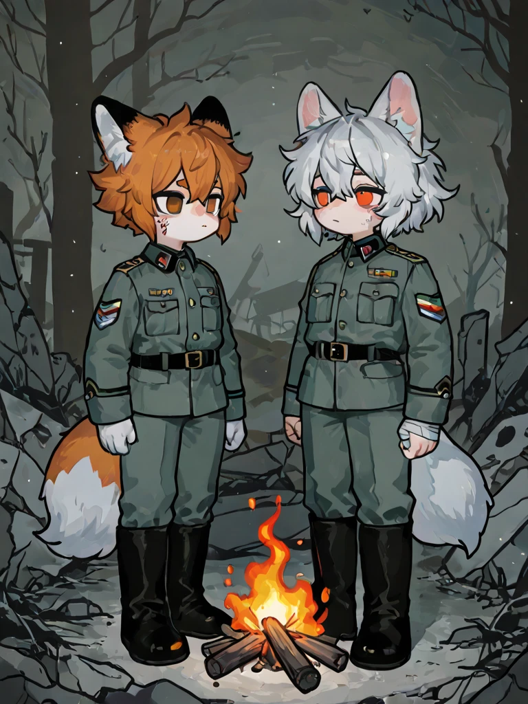 masterpiece,3+wolves fat shota, group shot,front line battlefield, extremely detailed,wolf, red hair, yellow eyes, shota, human body, detailed (detailed fur), (chubby) chubby human body, fat, fat shota, fluffy fur, fluffy ears, fluffy hair, wolf ears, fluffy tails,wolf anatomy,carrying a gun, clothes, short-sleeved white polo shirt, shota wearing school-style pants, forming a formation,shy, five fingers, explicit content,evening sky