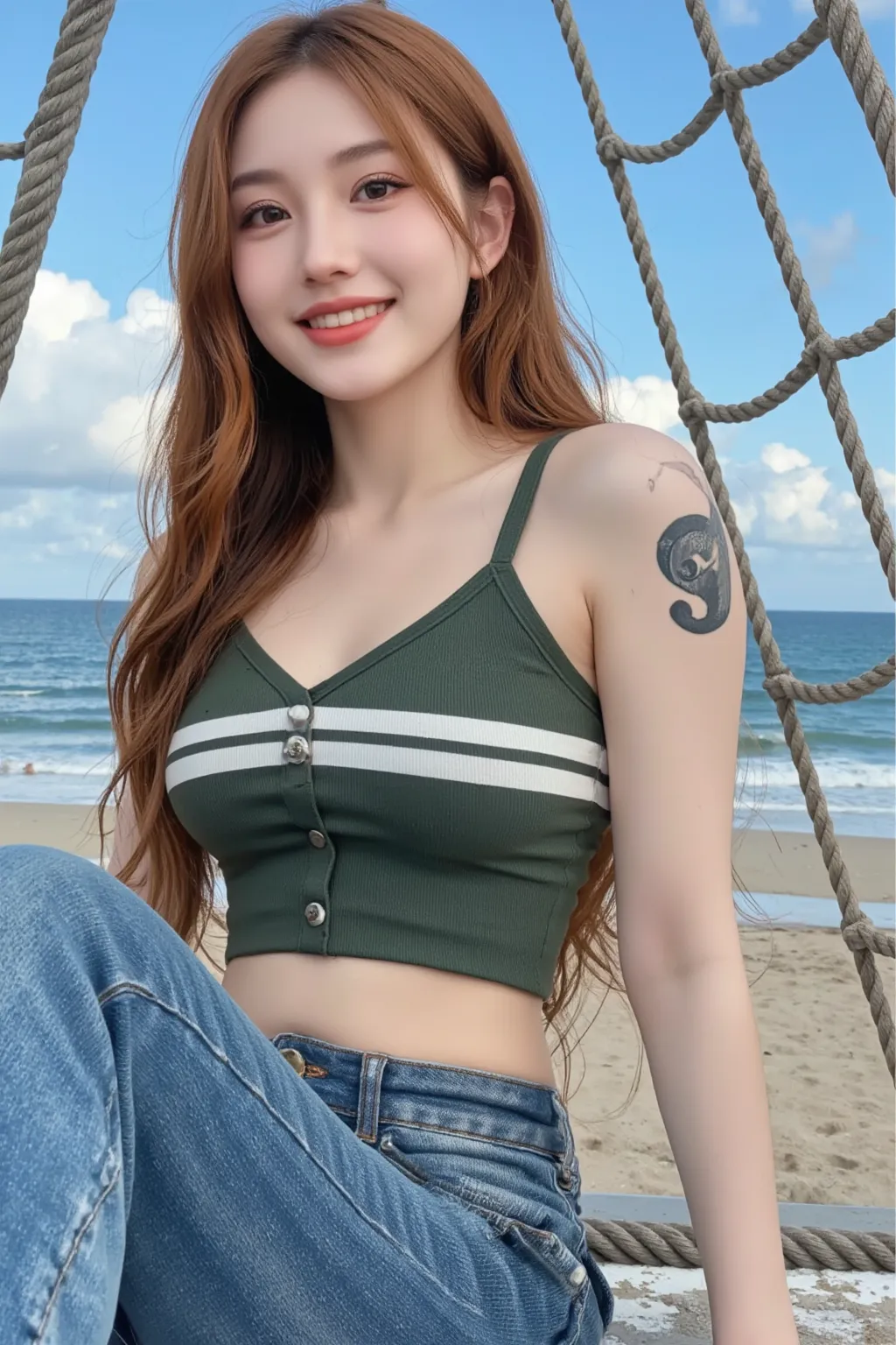 high resolution, live-action, Real, 4K, Rooftop military jeep, A beautiful woman in her 30s driving, One Woman, Cigarette in mouth, Cigarette smoke, Ample breasts, ponytail, Olive drab tank top, jeans, Hand behind the wheel, 背景はdesert, Sprint, Sand Dust, desert, Strong sunlight, Hair swaying in the wind, Sand Dust, Sprint感