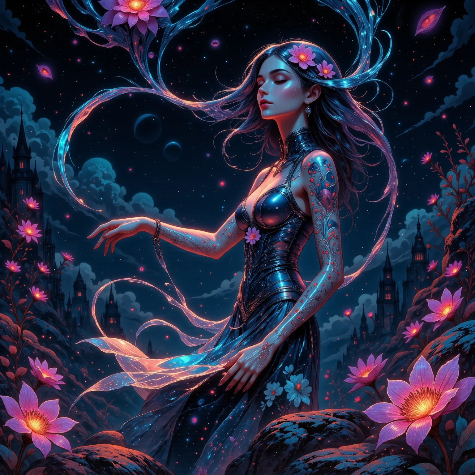 color photo of a mysterious woman sitting in a divine light, with neon lights, flowers, stars, axial symmetry, and a magnificent background.silver dress, high heels, flower crown, starry sky background, serene and enigmatic expression, Nikon Z7 II camera, Fujifilm Velvia 50 film, 50mm lens, high saturation, Tim Walker, David LaChapelle, Sofia Coppola, Valentino, Alexander McQueen