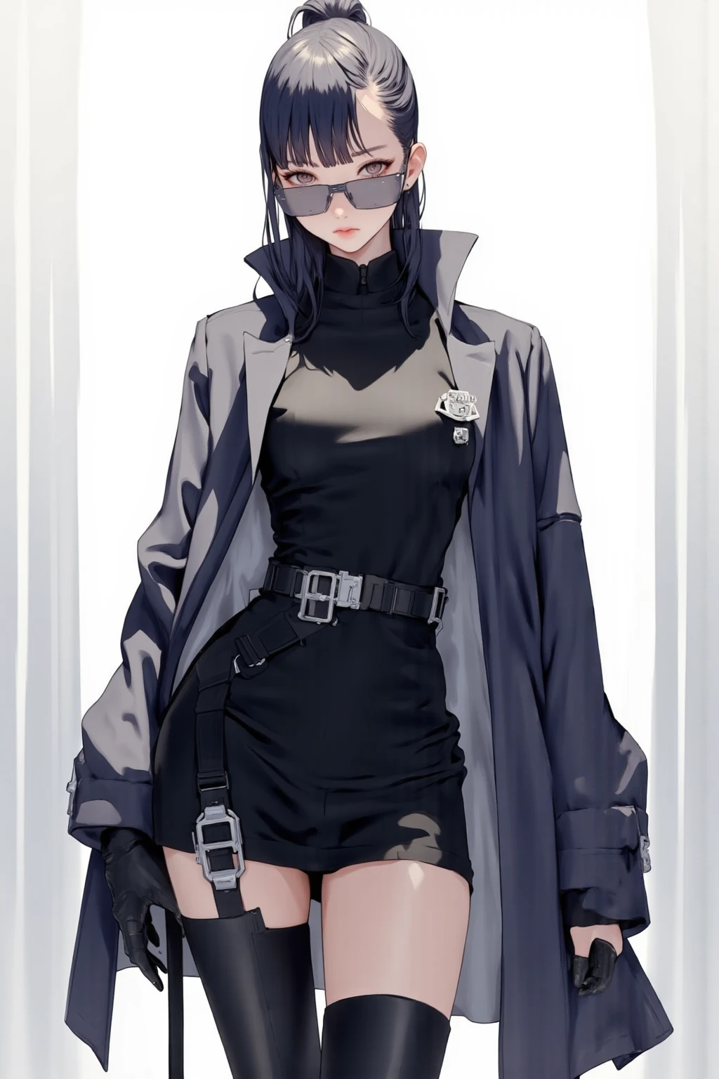 Full body photo of an Asian girl,White hair,Black clothes,trousers