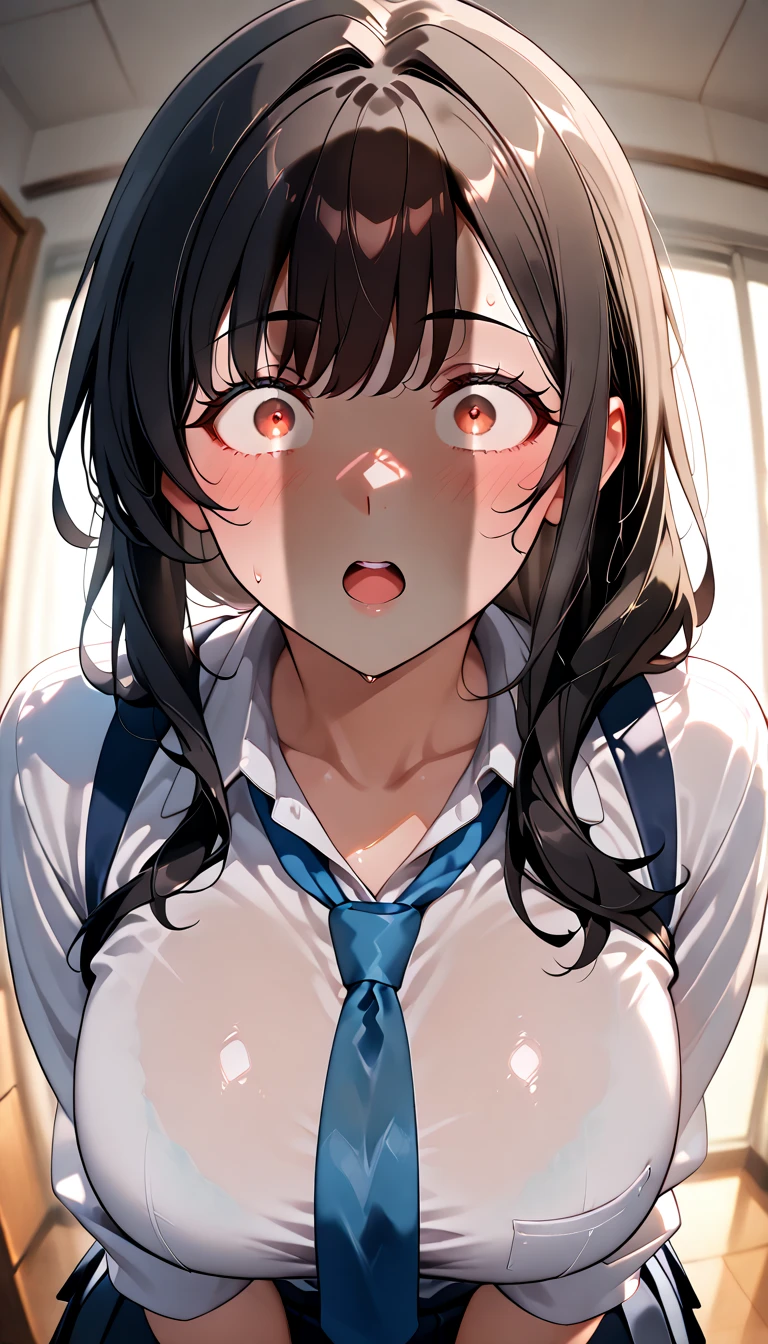 front view,face focus,An open-front shirt,bra,Hands behind head,open mouth,tongue out,cum on tongue,lick,(1girl,Beautiful 14 year old girl),front face,from front,front view,looking at viewer, looking ahead,Black Hair,Beautiful and detailed anime art,Dimly lit room,Simple Background,Gray background,Low lighting