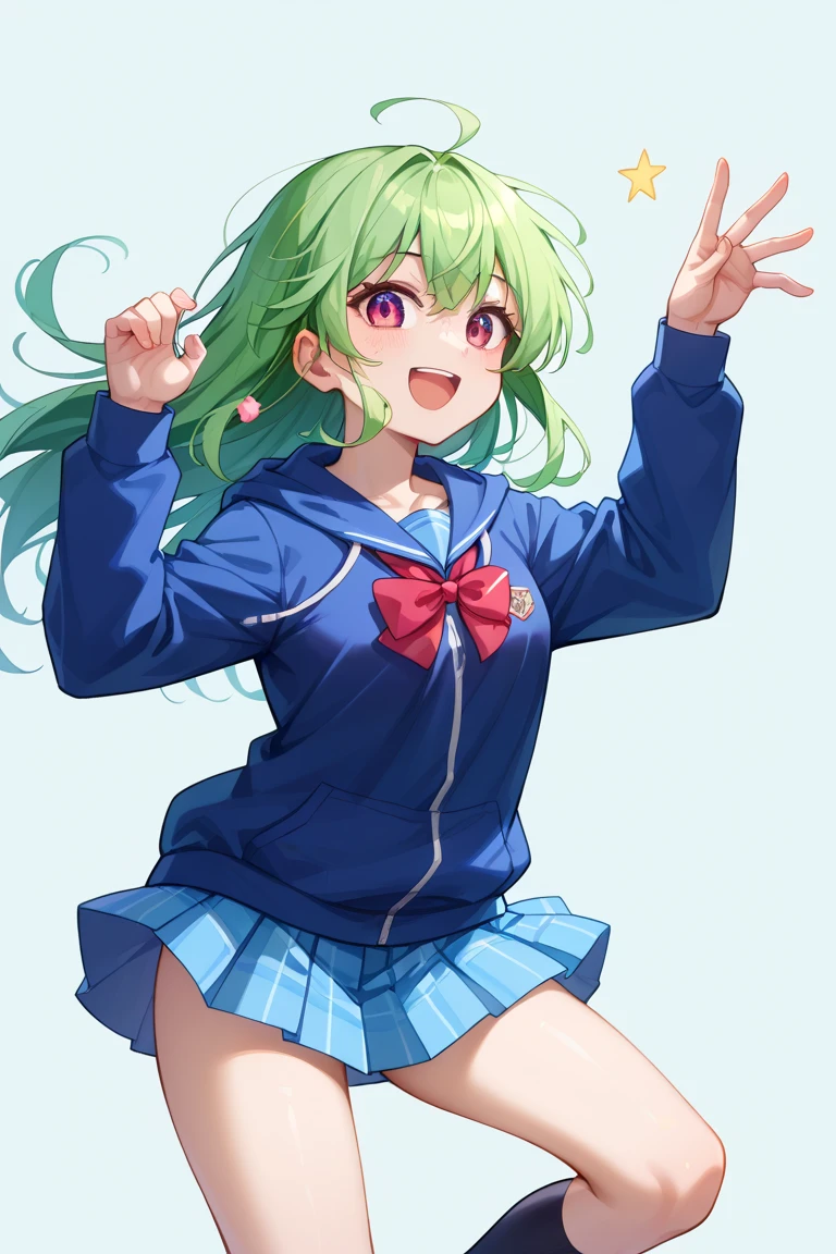 ((A Pretty High School girl with green hair and blue eyes)), ((wearing Sailor suit)), Baby face, ((master piece, top-quality, ultra-definition, high resolution)), anime girl, ((ultra-detailed illust:1.2)), only one person, bangs, hair between eye, beautiful hair, Beautiful eyes, Medium breasts, Big smile, opened mouth, cherry trees, schoolyard,no_pants, panties, white_panties,navel