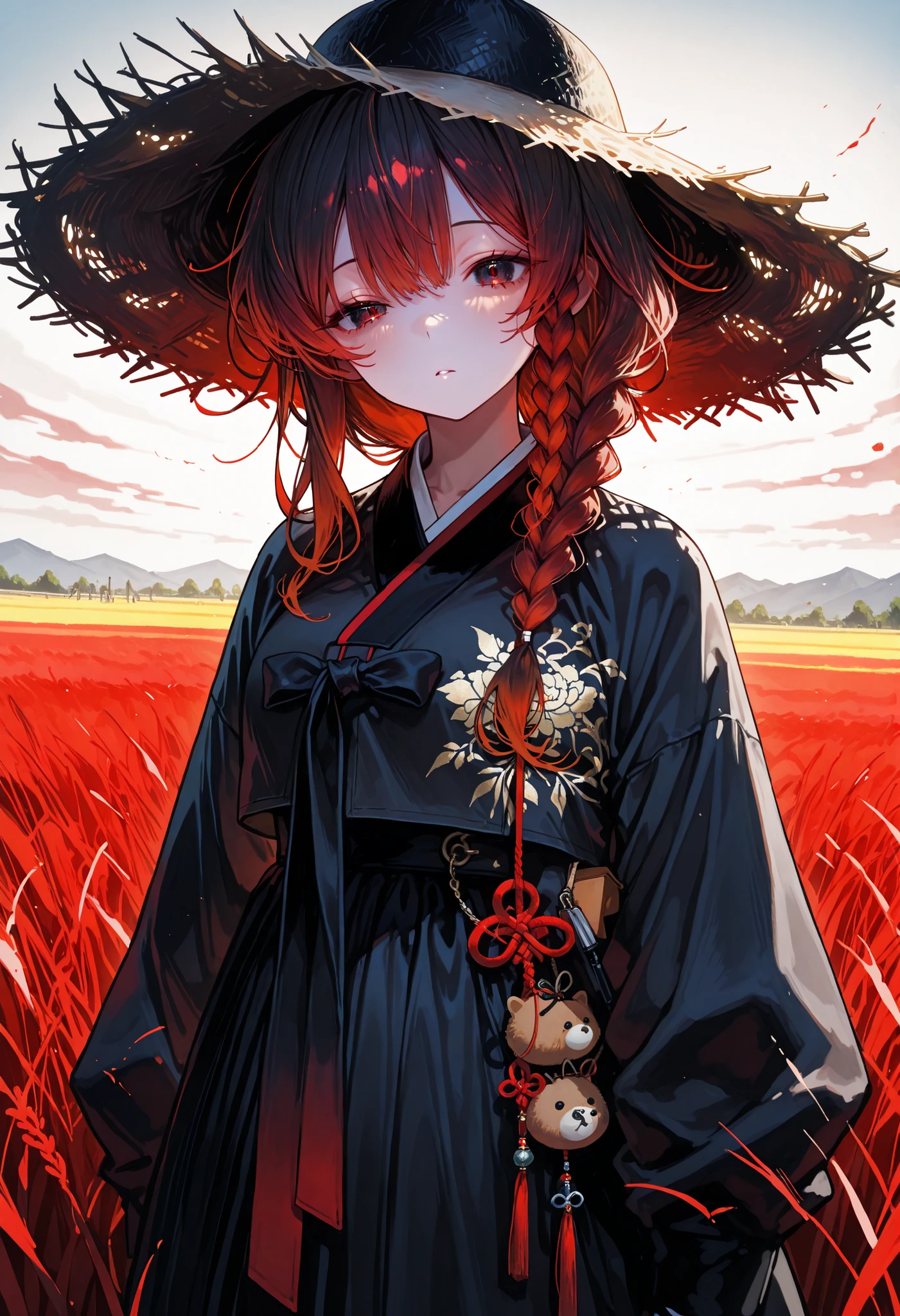 1girl(dark gradient hair, red hair, long hair, single braid, black hanbok, black hat, very wide hat, straw hat(gat), red eye, black eye, Eyebags, sleepy eyes, bagpack, standing field), looking at viewer, viewer at front, korea sword, flame sky, masterpiece, high score , great score , very aesthetic , high resolution , ultra-detailed , absurdres , newest , (dynamic angle:1 . 2), focus at side, front at viewer