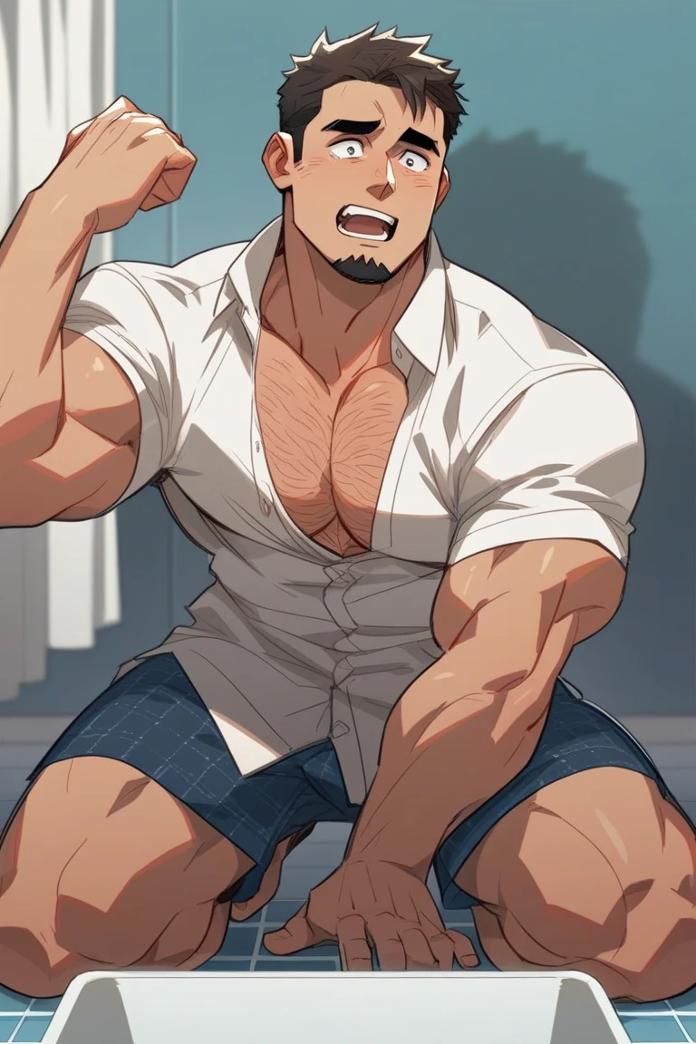 Kiritsugu is sitting and flexing his arms. He is shirtless. He wears black short boxershorts. You can see his thighs completely. He has a huge bulge. You can see his abs too. He is admiring his arms. he has many big veins on his arms.