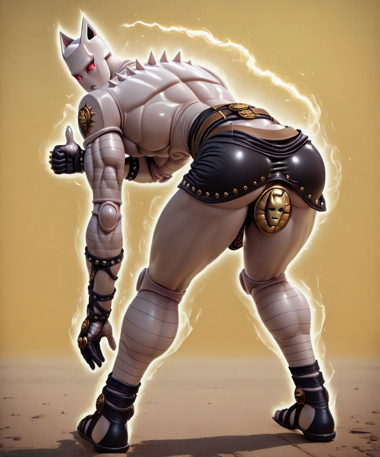 Distant view, outer space auction hall, photo realistic, 35mm films, ultrares, 4k, gay, bara, NSFW, 2man,Ultraman Taro, a slave up for auction, alien, science fiction, futuristic design, Ultraman Taro walks with his head down on a large spotlit stage, naked only wearing a mask, pale skin, handcuffs,body the same skin color as humans, naked only in a bulging pair of white underwear, hairy and skinny 40-year-old body, old scars all over his body, damaged helmet, sadly hanging his head, thick iron collar around his neck, thick chains connected to the collar stretching long behind his back, a large lizard-like alien leading him by the hand, many furry aliens in the audience