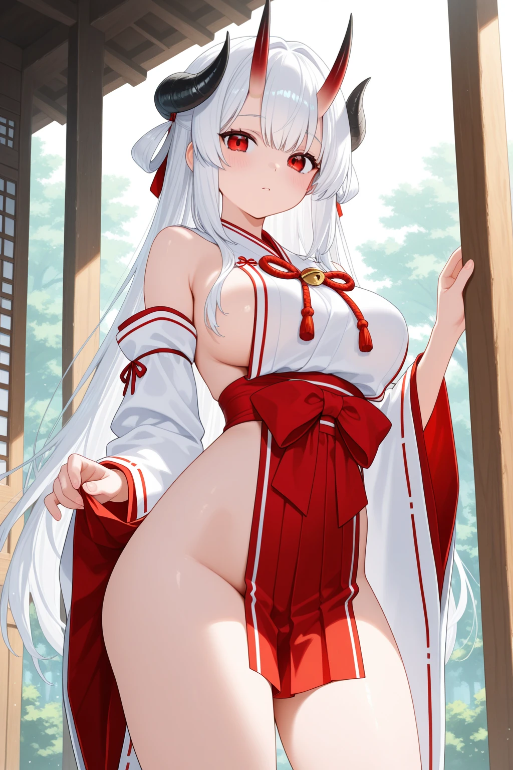 (((masterpiece))), (((best quality))), ((ultra-detailed)), (illustration), ((an extremely delicate and beautiful)),
Situation 1girl, solo, looking at viewer,
Face blue eyes,
Hairstyle: long hair, white hair, ((hair over one eye)),
Clothing skirt, bare shoulders, thighs, detached sleeves, japanese clothes, wide sleeves, maid headdress, red skirt, white socks, red footwear, hakama, hakama skirt, nontraditional miko, geta, tabi, (hakama short skirt),(White and red clothes), revealing clothes,
Breast cleavage, sideboob, underboob, breast curtains, cleavage cutout, large breasts,
Decorative bell, jingle bell,
Pose wariza,