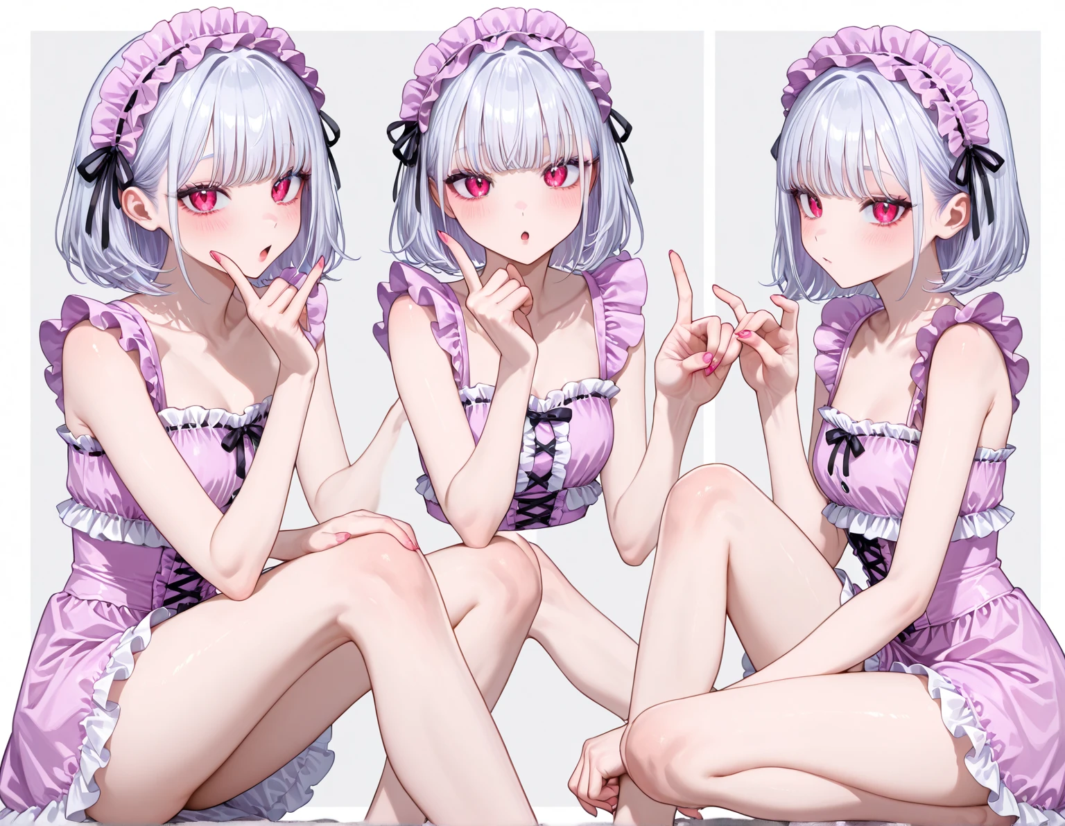 A pink haired woman with violet eyes is posing with two pink haired twins with red eyes