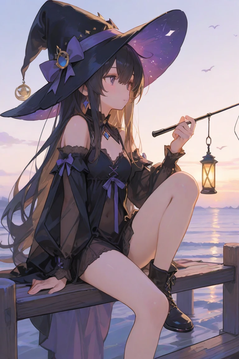 This is a hot spring by the sea in the early morning.、You can see the sunrise over the Pacific Ocean behind you.、morning sun reflecting on the sea、Beautiful sky、You can see the meteor shower、Two adult women relaxing in a hot spring, one with white hair and wearing a large black witch hat with sapphire accessories, the other with dark brown hair and wearing a large black witch hat with amethyst accessories、witch's hat、Blue Eyes、、、Surrendering to pleasure、、Bruised and cute、She's looking at me with a sexy face、、Leaning against the wall、、Beautiful 、R18 illustrations、Erotic manga、Erotic illustrations、2D illustration、Japan anime、drawn by Japanese ilastrator、high resolution、4K quality、High Quality、High resolution、5 megapixels、High Detail、Beautiful background