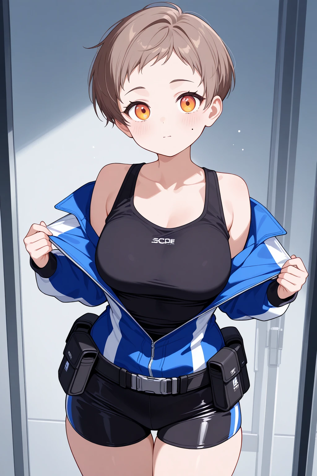 ((Masterpiece)), perfect anatomy, perfect shading, field of depth, (best quality), extremely delicate and beautiful, perfect lighting, detailed face, ultra cute face, cute, (cowboy shot 1.2), looking at viewer, full body, (((1girl))), (((solo))), furture,

Short hair, brown hair, fluffy hair, green eyes, (blush), (crop top 1.5), (shorts 1.5), thigh highs, 
Futuristic clothing, 

Neon lights, futuristic city, cyber punk
