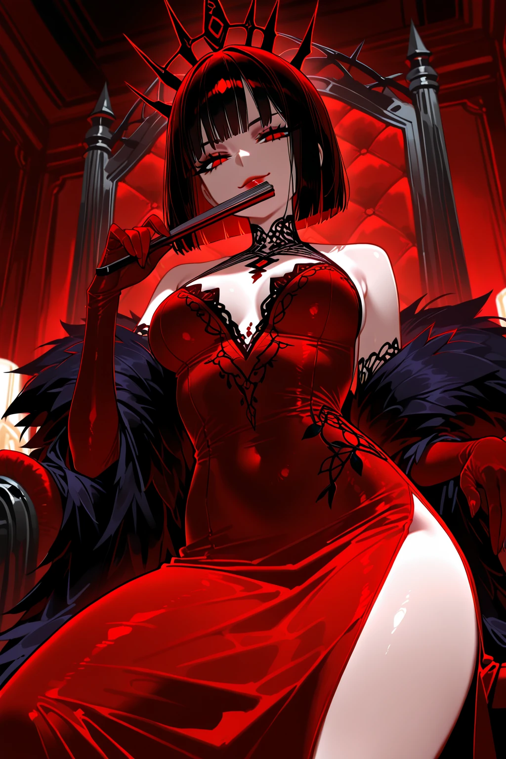 score_9, score_8_superior, score_7_superior, sauce_anime, Highest quality, masterpiece, evaluation_Explicit, No correction, break, SAKASAGAMINOYURA, One girl, Large Breasts, Cleavage, Black Hair, hair band, Bob_cut, Purple eyes, choker, No sleeve, Short kimono, Red lips, Outdoor, Leaning forward,two hands,Two legs,five fingers,evil background,, Wicked Smile, devilish aura (Shiny fabric:1.5),Dark world background,solo,feet,most evil Smirk,solo,most evil Smile,Shaded face (eyes in shadow),Shiny skin,oily skin,Sadistic smile,