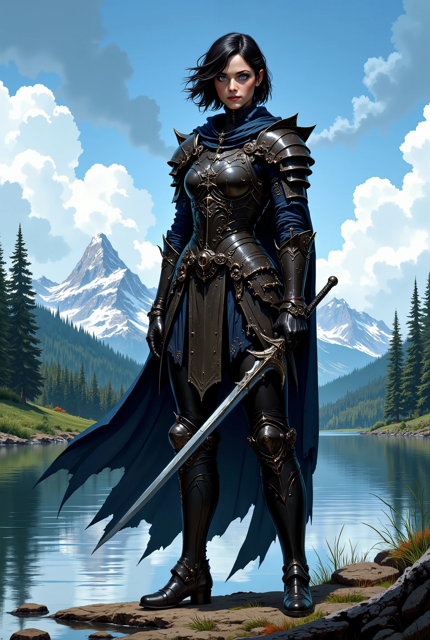 In RPG style, in style of Dungeons & Dragons, in style of fantasy painting. Full body view, looking at the viewer. Image of a female warrior, holding a sword with dark narrow blade. Dark Armor. Short cloak. Dark pants. High leather boots with small heels. Short hair. Standing with both feet on the Forest lake shore, Forest in the background. Clear blue sky with white clouds.