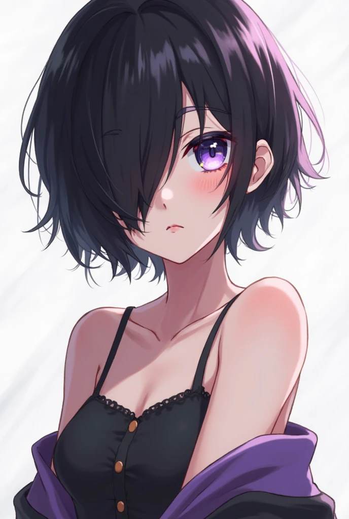 Girl。Short Hair。The eyes are head。Purple Hair。Flat Chest。A pose that emphasizes the armpits。A little erotic。Eye color: black。