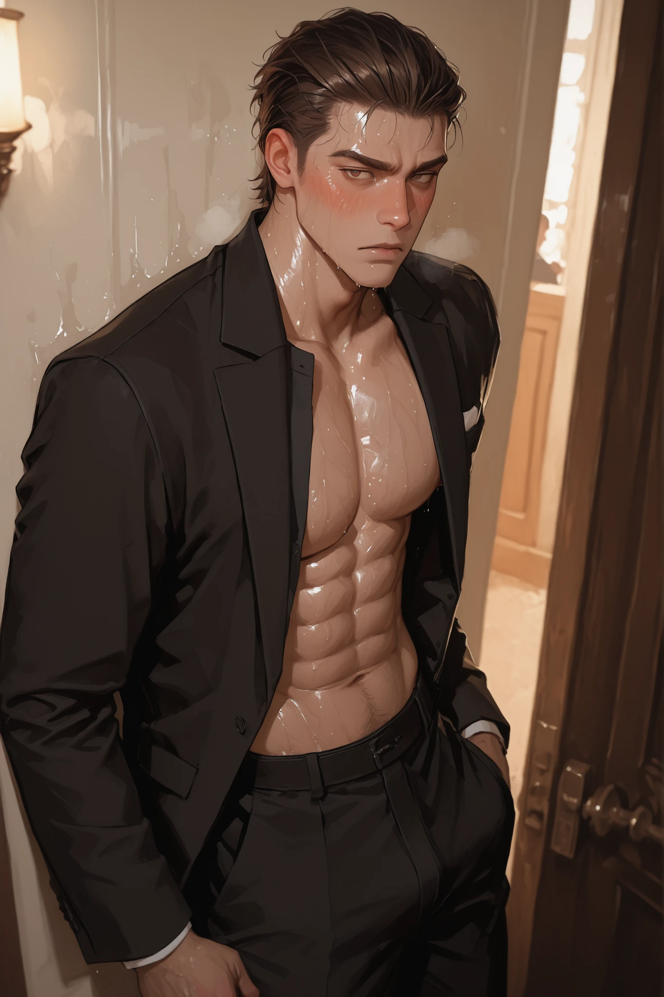 (absurderes, A high resolution, Ultra detailed, hdr), Masterpiece, Best quality, Portrait of a boy, Handsome boy with red eyes, Detailed face, Professional photo, The Alafed man is shirtless, Sit comfortably，legs are open, (puffynipple(From below:1.1)), Focus on your audience,18 year old boy, Handsome boy, [ Firmly defined body ]，Soaked shirt open，Abs，chest muscle，short white pants，large bulge，Black leather shoes，Close-up of feet，prinz，Two legs，catss，