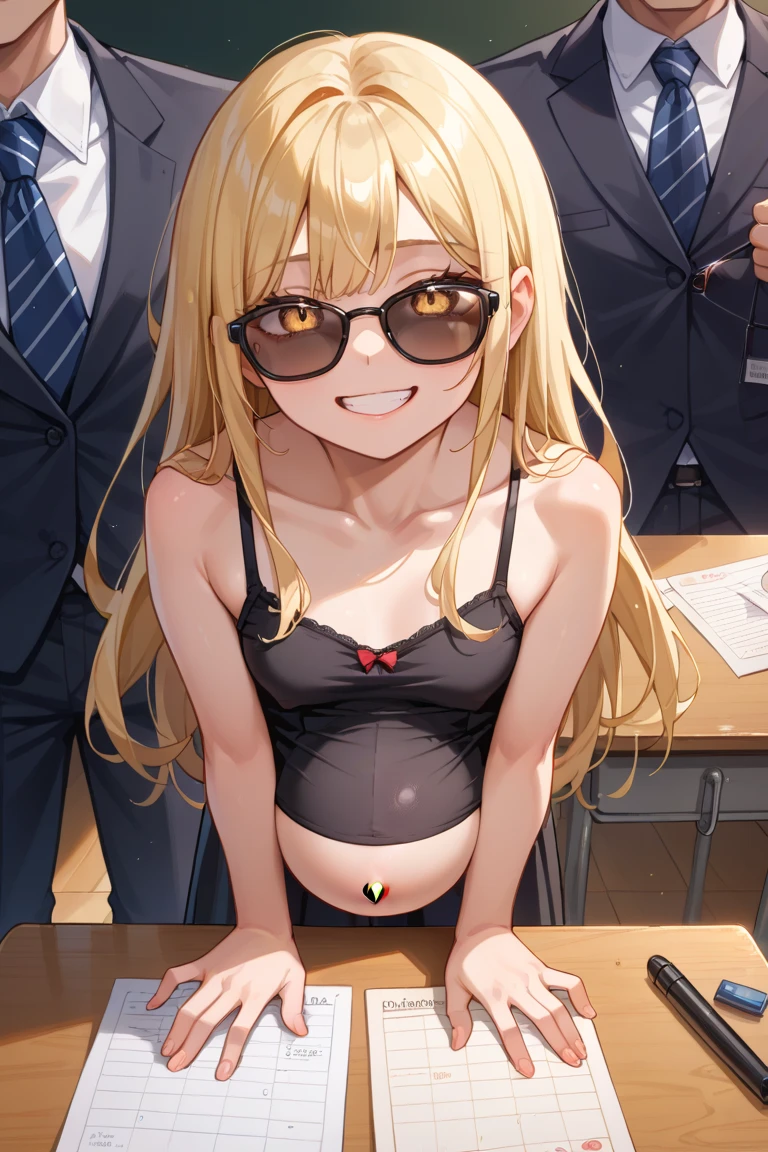 tearjulunatique, tearju lunatique, long hair, blonde hair, (green eyes:1.5), sidelocks, glasses, (beautiful detailed eyes:1.6), extremely detailed face, perfect lighting, extremely detailed CG, (perfect hands, perfect anatomy), Very embarrassed, Troubled laughter, (masterpiece:1.2, blush, Completely naked, hot spring, arms up, Completely naked, The old men are naked, 1girl, double handjob, 2boys, penis, gangbang, (cowboy shot:1.5), (illustration:0.8)