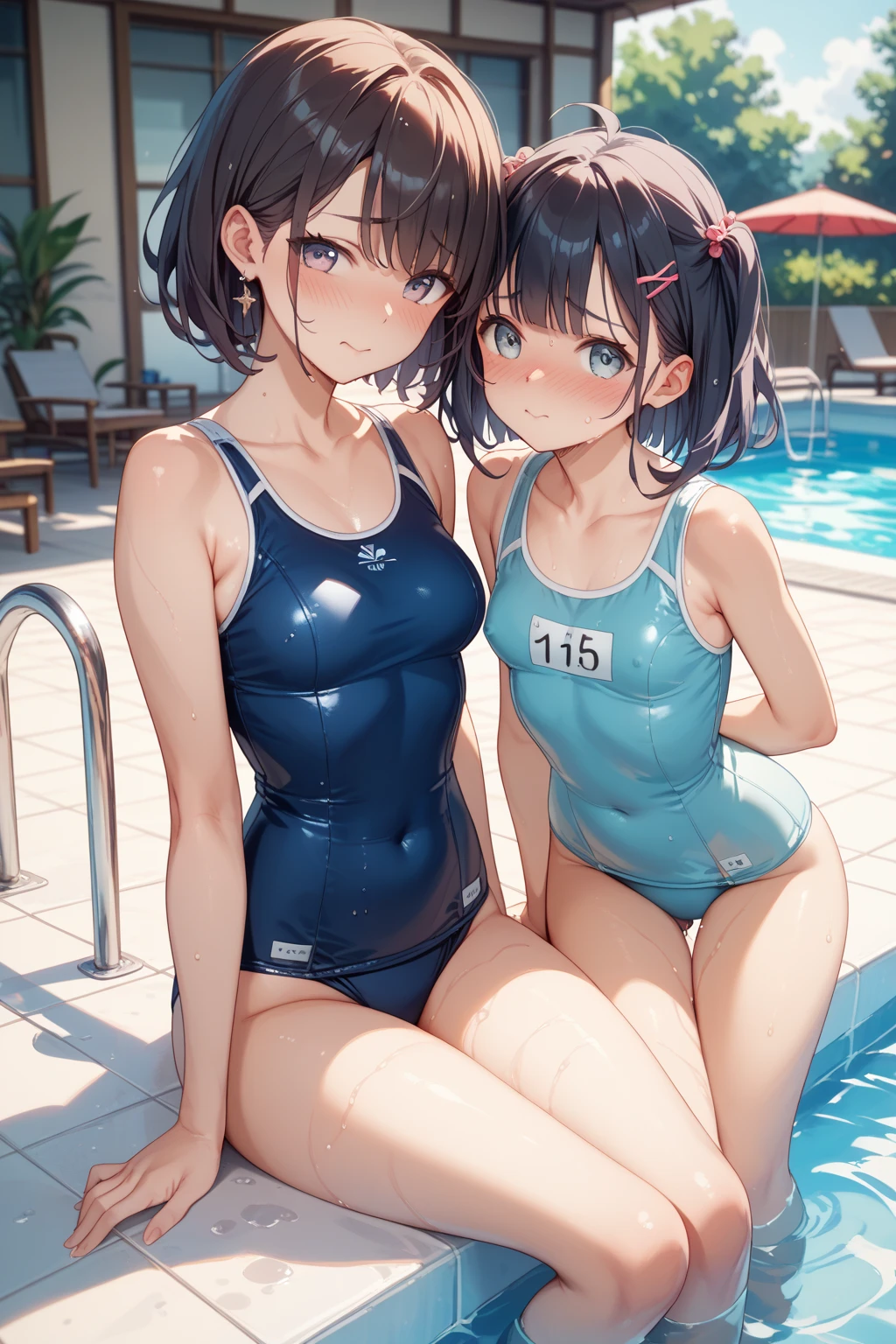 Elementary school classroom in the Showa era,smile,Are standing,Put your hands behind your back,close your eyes,1 ,Two-block shorthair,Black Hair,blush,Navy School Swimsuit,White skin,summer,From below,shy,Sweat,Mouth wide open,Wet,sun