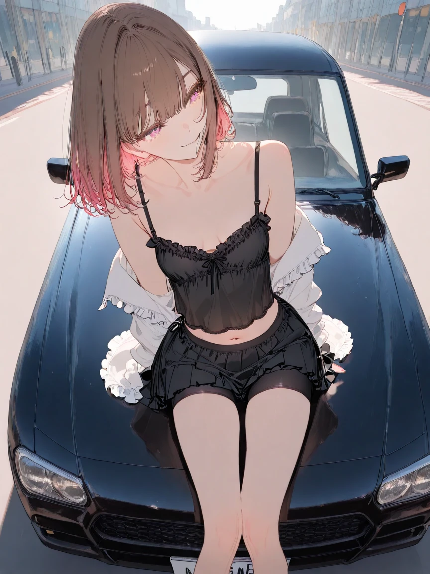 masterpiece, Highest quality, (Best image quality,32K,masterpiece,)Very detailed, figure, Beautiful attention to detail, close, Together with. She had pink hair, Medium Hair,Black lace bra, Black lace panties. The boy has black hair, Black suit, Black trousers. Kissing in the car, Heavy rain weather