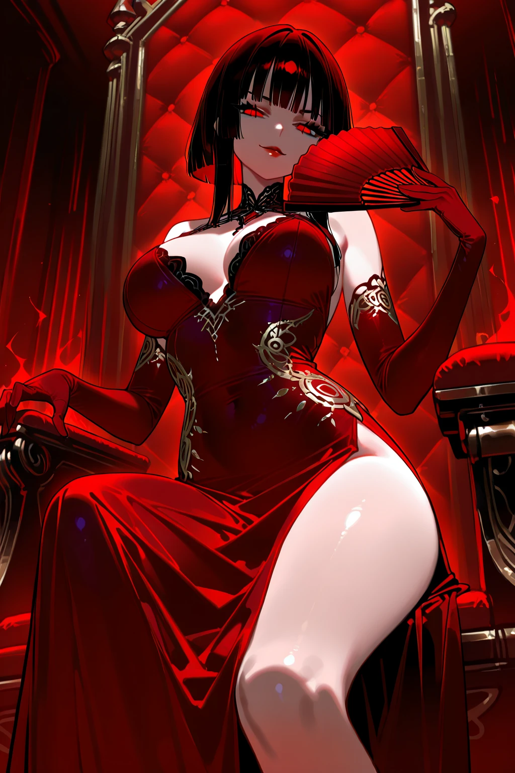 Two-dimensional, black-haired girl, long hair, tall figure, big chest, cheongsam, black silk, high heels, thin waist, long legs, thin legs, bare shoulders, super clear, a lot of details, kneeling