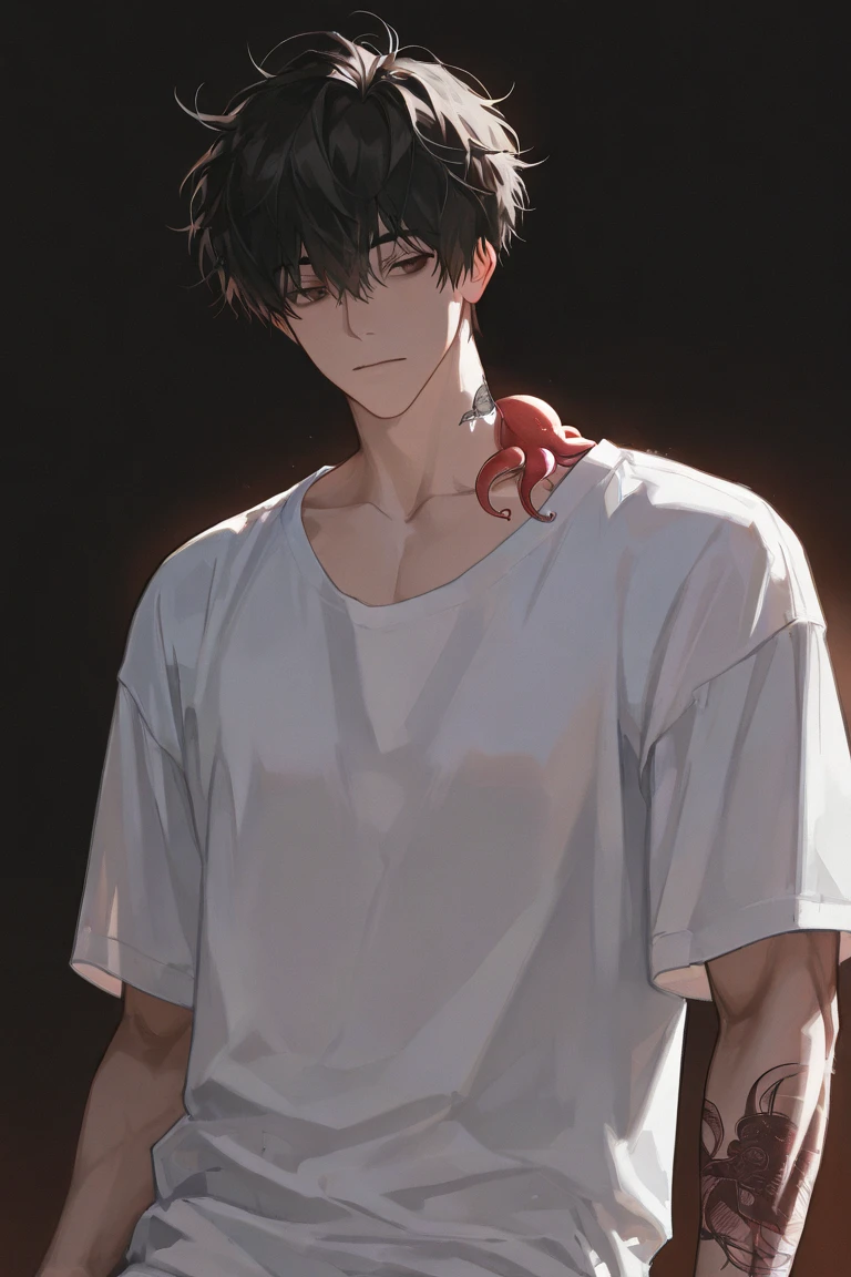 1boy, Toji Fushiguro, from Jujutsu Kaisen, center, smirk, black T-shirt, red worm tattoo, background black, masterpiece, best quality, very aesthetic, absurdity, ((medium quality)), ((medium quality))