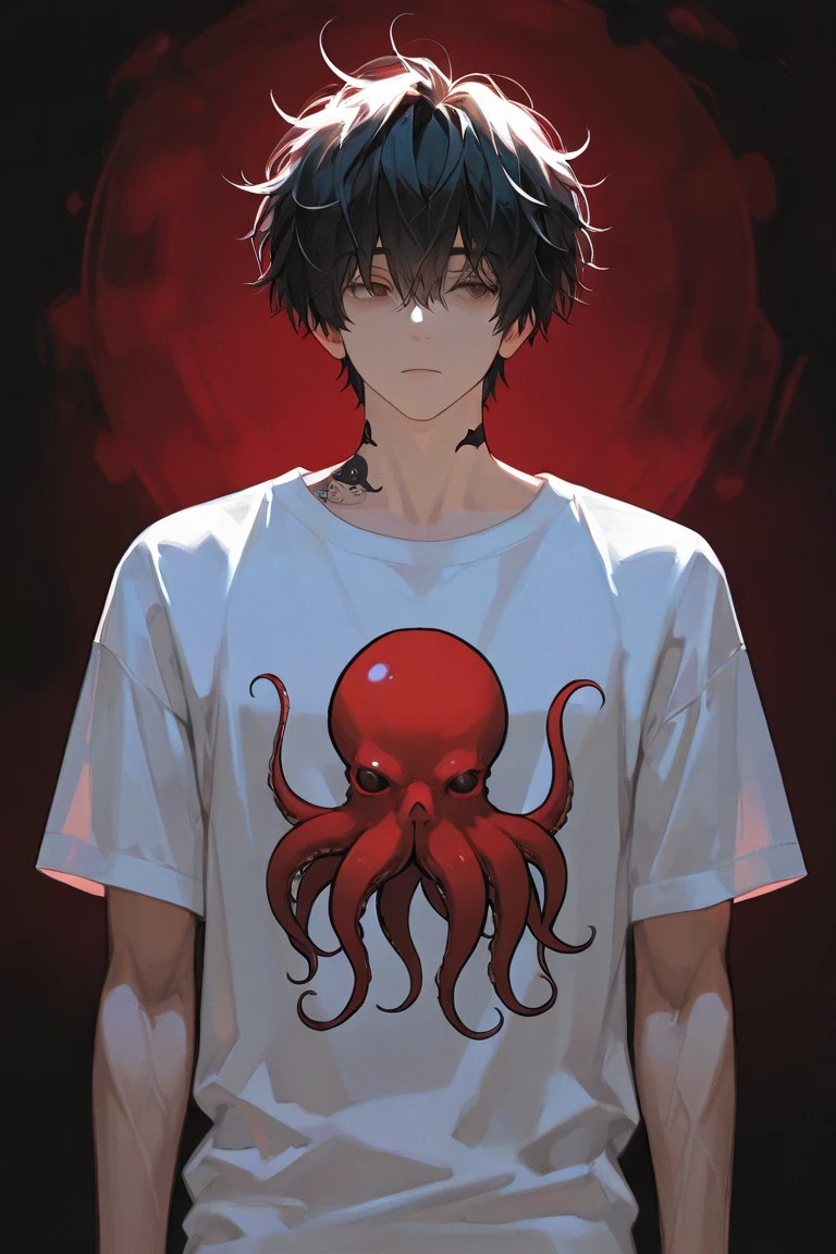 A 22-year-old young man with 紫色 hair and 紫色eyes,Wearing a red coat and white T-shirt,Black pants and boots,(((There are tentacles on the back)))
