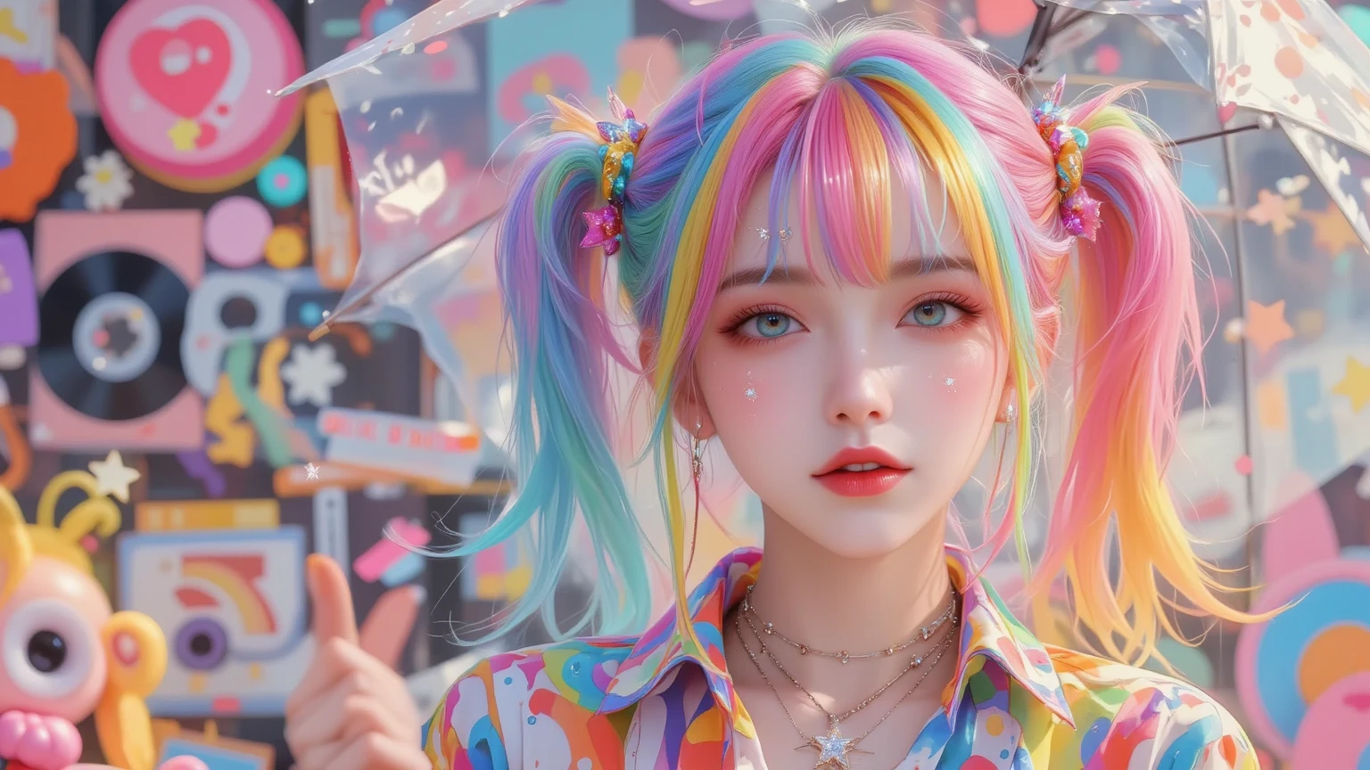 (Pink Fashion T-shirt:1.9),(Colorful hair: 1.8), (all the colours of the rainbow: 1.8),(((((vertical painting:1.6))), (painting:1.6),front, comics, illustrations, paintings, large eyes, crystal clear eyes,( rainbow color gradient high ponytail:1.7), exquisite makeup, closed mouth,(Small Fresh: 1.5),(Wipe Chest: 1.6) ,long eyelashes, white off shoulder T-shirt, White Shoulder Shirt,looking at the audience, large watery eyes, (rainbow colored hair:1.6), color splash, (solo:1.8), color splash, color explosion, thick paint style, messy lines, ((shining)),(colorful), (colorful), (colorful), colorful, Thick Paint Style, (Splash) (Color Splash), Vertical Painting, Upper Body, Paint Splash, Acrylic Pigment, Gradient, Paint, Highest Image Quality, Highest Quality, Masterpiece, Solo, Depth of Field, Face Paint, colorful clothes, (Elegant: 1.2), gorgeous,long hair, wind, (Elegant: 1.3), (Petals: 1.4),(((masterpiece))),(((best quality))),((ultra-detailed)),(illustration),(dynamic angle),((floating)),(paint),((disheveled hair)),(solo),(1girl) , (((detailed anima face))),((beautiful detailed face)),collar,bare shoulders,white hair, ((colorful hair)),((streaked hair)),beautiful detailed eyes,(Gradient color eyes),(((colorful eyes))),(((colorful background))),(((high saturation))),(((surrounded by colorful splashes))),